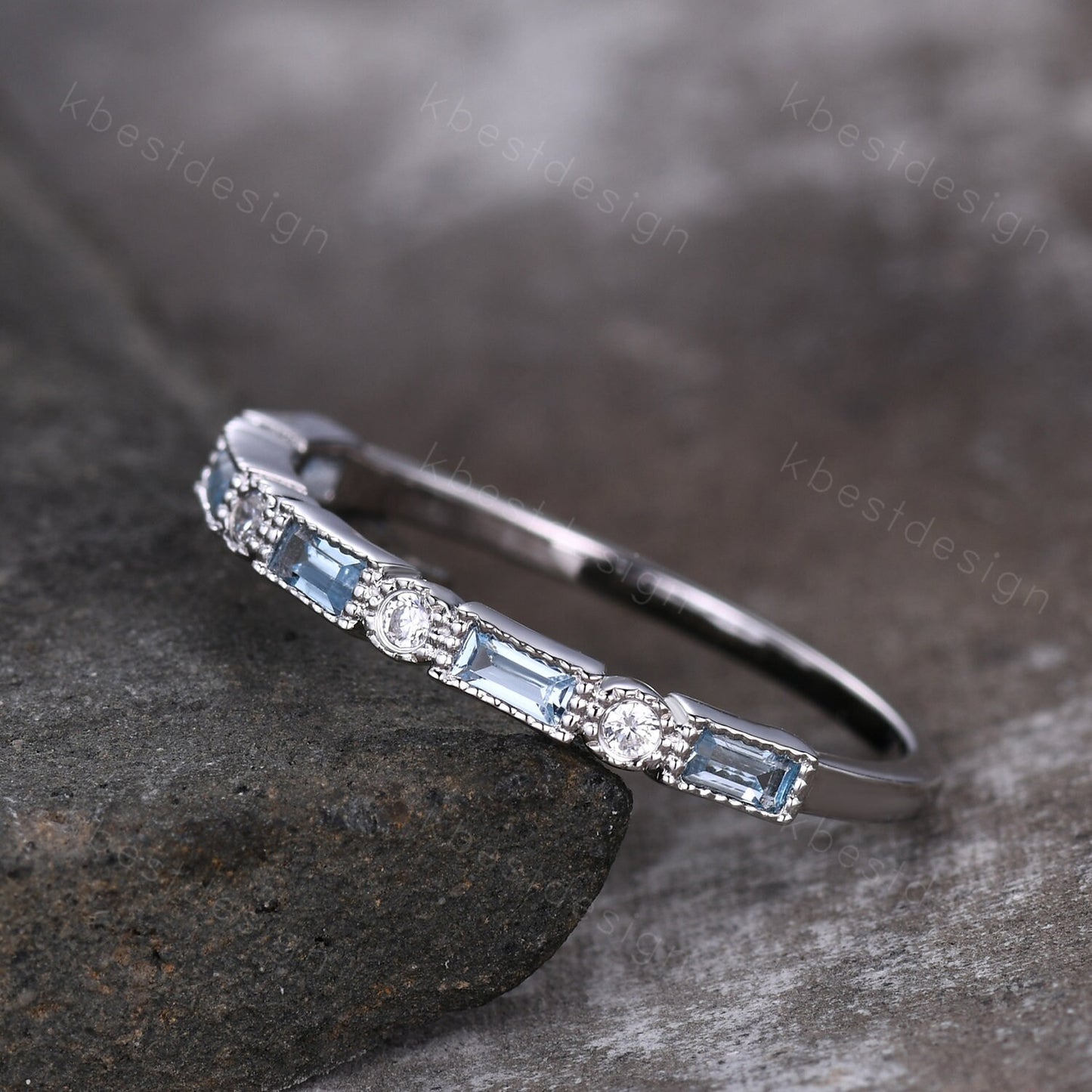 Blue Topaz Wedding Band, Half Eternity Baguette Band, White Gold Band, Art Deco Stacking Band, Anniversary Gift, December Birthstone Ring