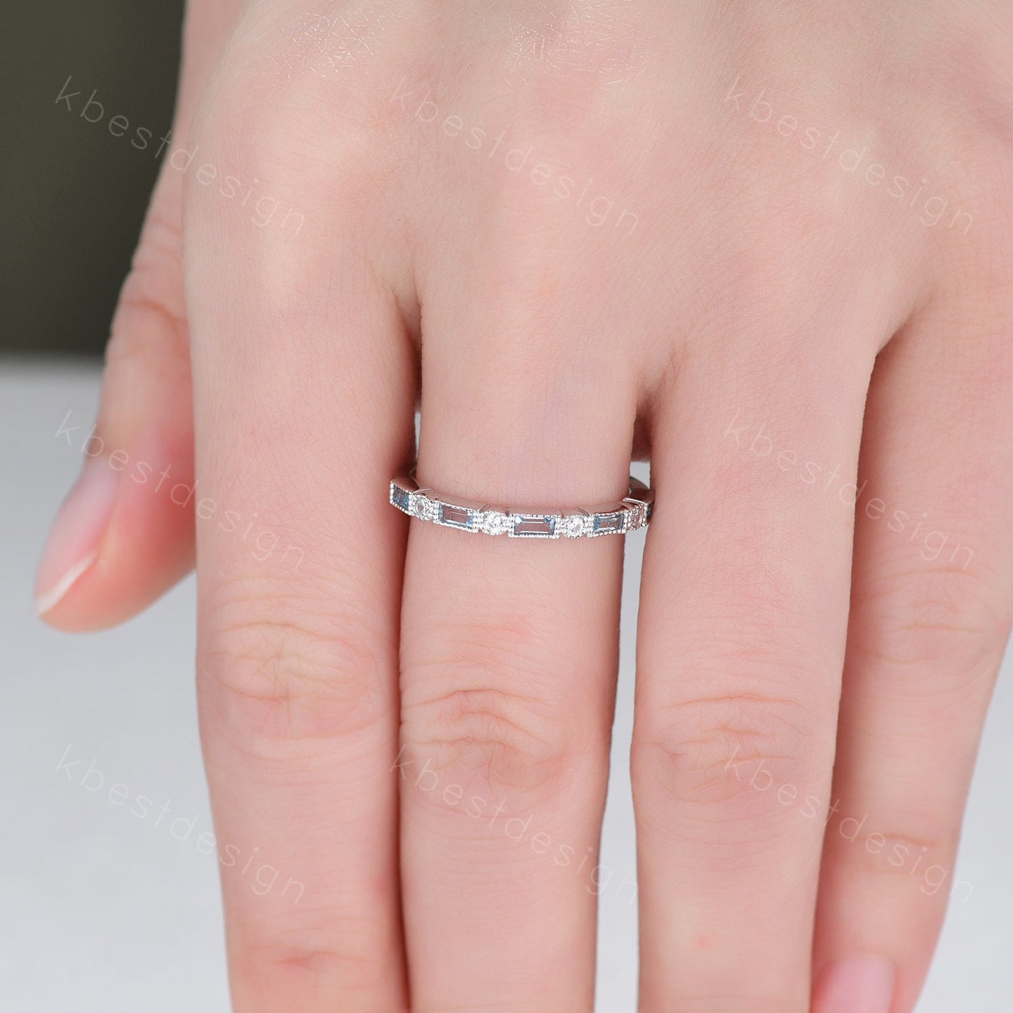 Blue Topaz Wedding Band, Half Eternity Baguette Band, White Gold Band, Art Deco Stacking Band, Anniversary Gift, December Birthstone Ring