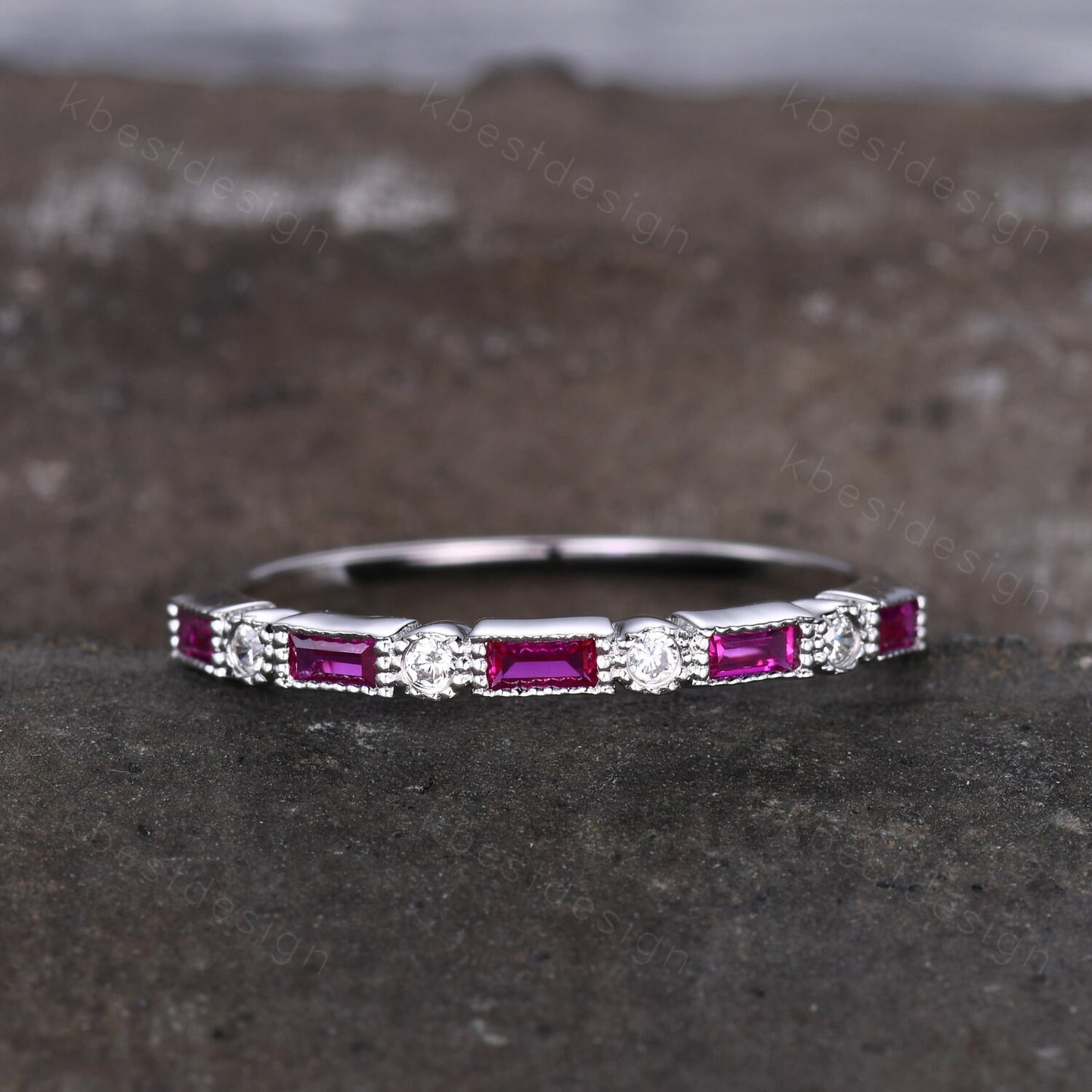Ruby wedding band 14k white gold band art deco baguette band half eternity stacking matching band Vintage bridal anniversary ring