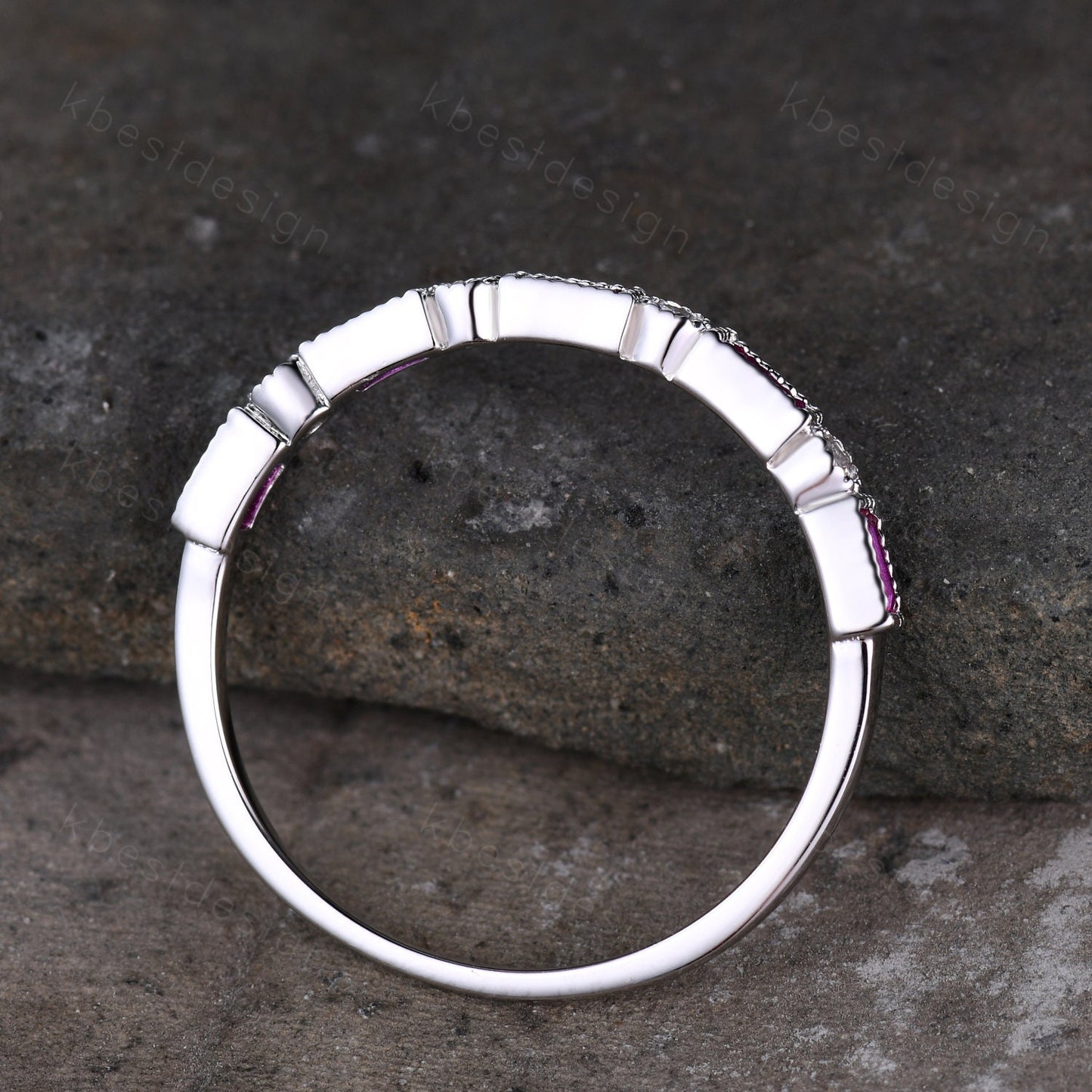 Ruby wedding band 14k white gold band art deco baguette band half eternity stacking matching band Vintage bridal anniversary ring