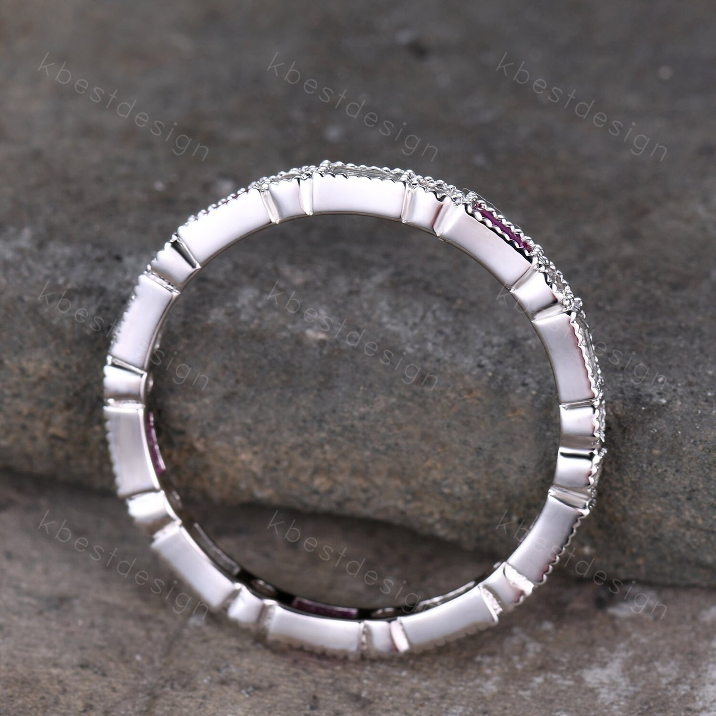 Baguette Ruby Eternity Band, Ruby and Aquamarine Wedding Band, Art Deco Stacking Band, July Birthstone Ring, Anniversary Gift, White Gold