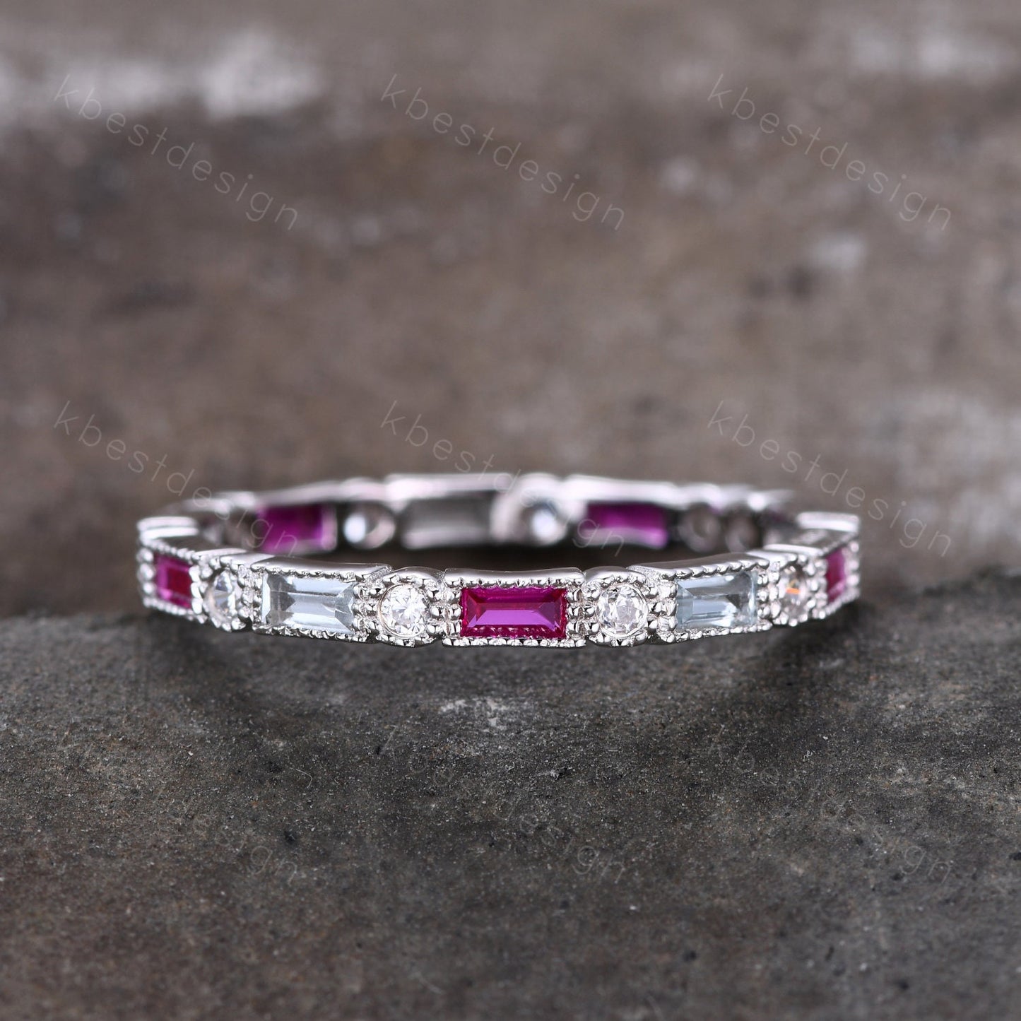 Baguette Ruby Eternity Band, Ruby and Aquamarine Wedding Band, Art Deco Stacking Band, July Birthstone Ring, Anniversary Gift, White Gold