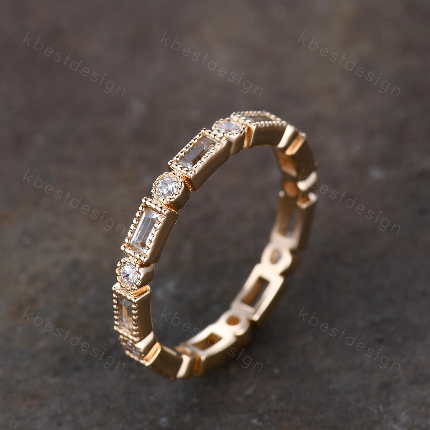 14K Gold Aquamarine Wedding Band, Baguette Aquamarine Eternity band, Art deco Milgrain Wedding Band, March Birthstone Ring, Gift for Her