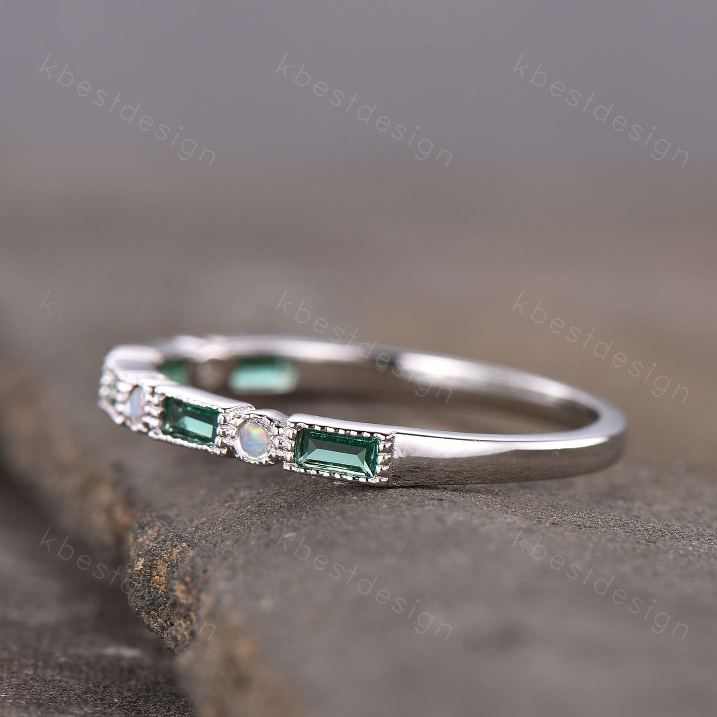 Emerald Opal Wedding Band, Half Eternity Band, Baguette Stacking Band, Opal Ring, Sterling Silver Ring, Anniversary Ring, May Birthstone