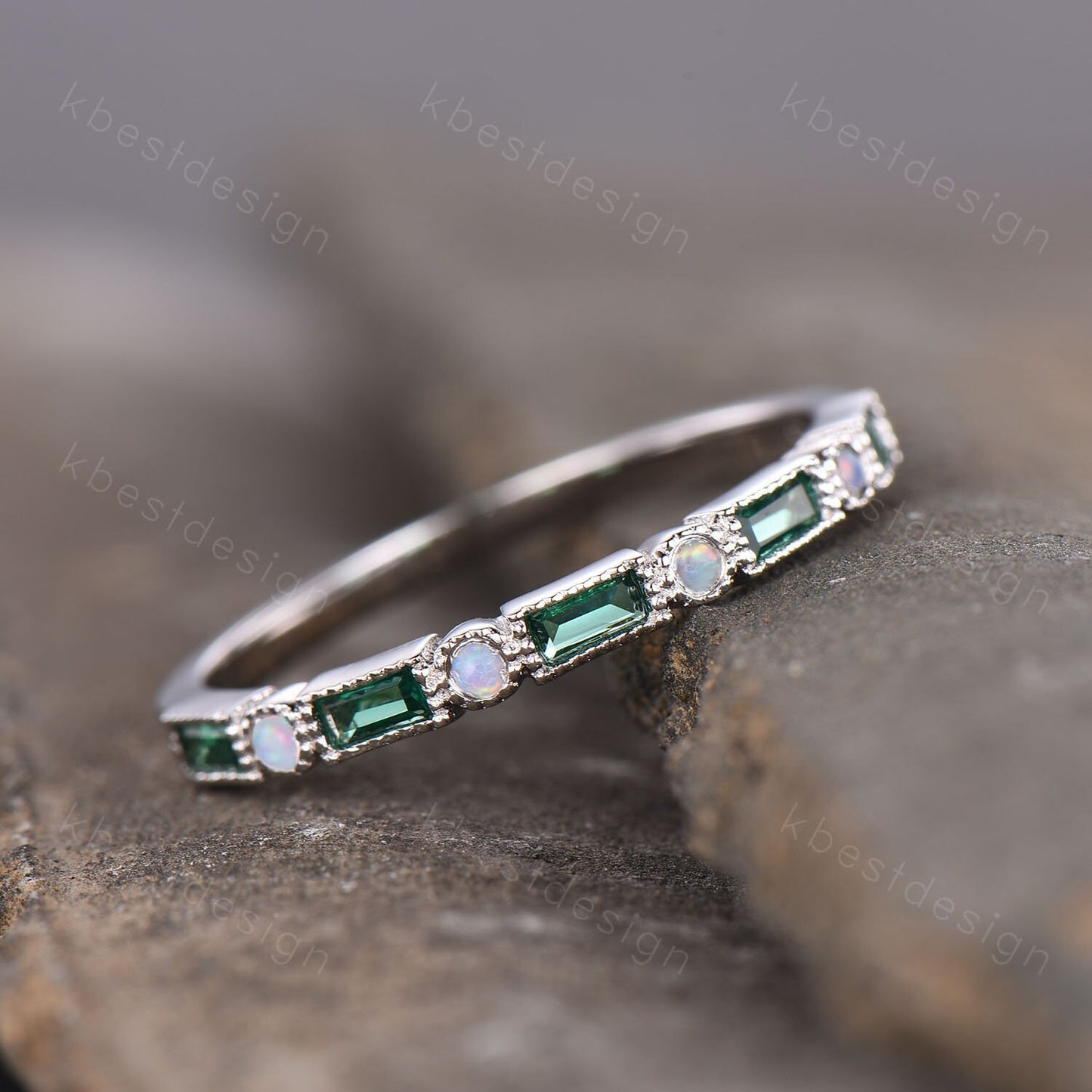 Emerald Opal Wedding Band, Half Eternity Band, Baguette Stacking Band, Opal Ring, Sterling Silver Ring, Anniversary Ring, May Birthstone