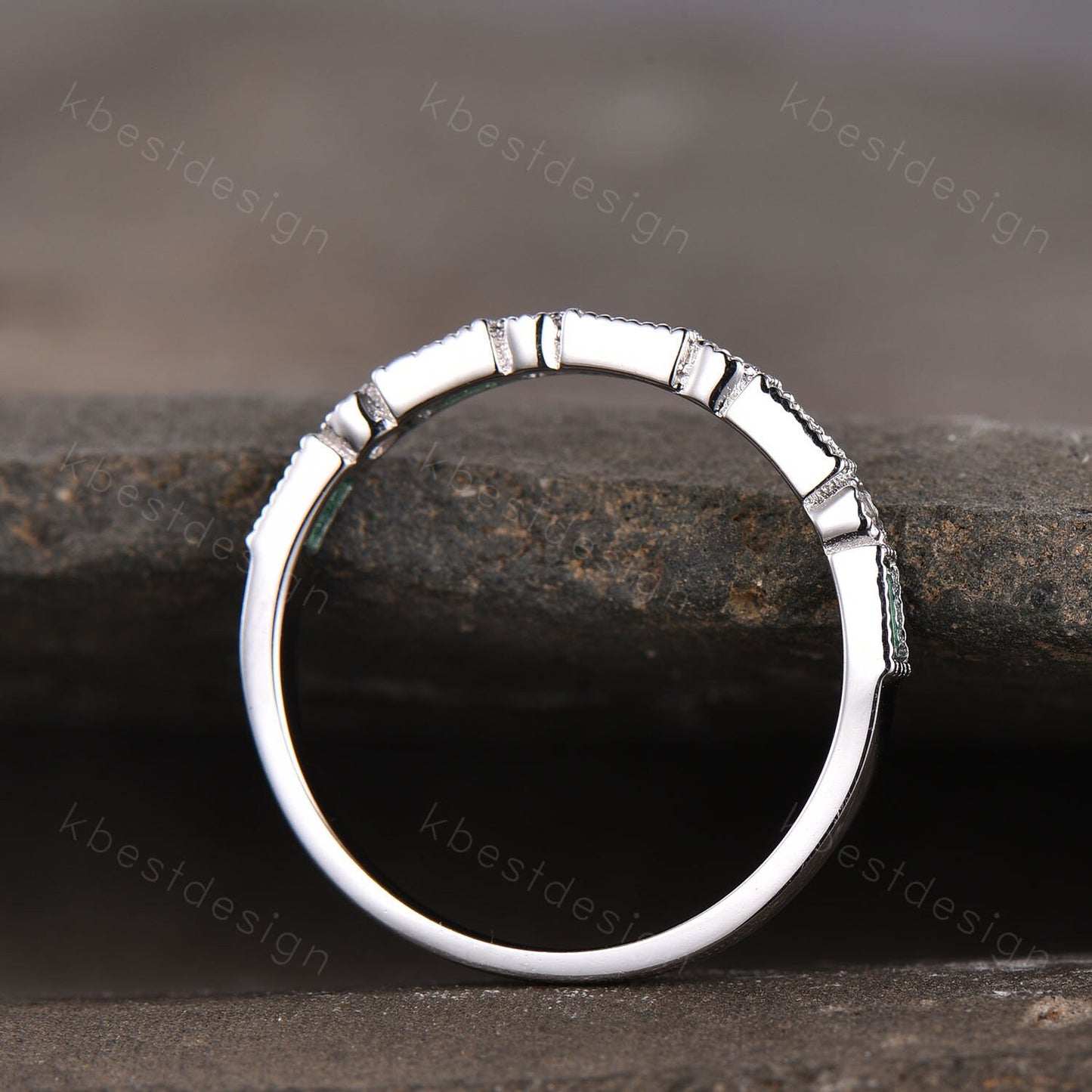 Emerald Opal Wedding Band, Half Eternity Band, Baguette Stacking Band, Opal Ring, Sterling Silver Ring, Anniversary Ring, May Birthstone