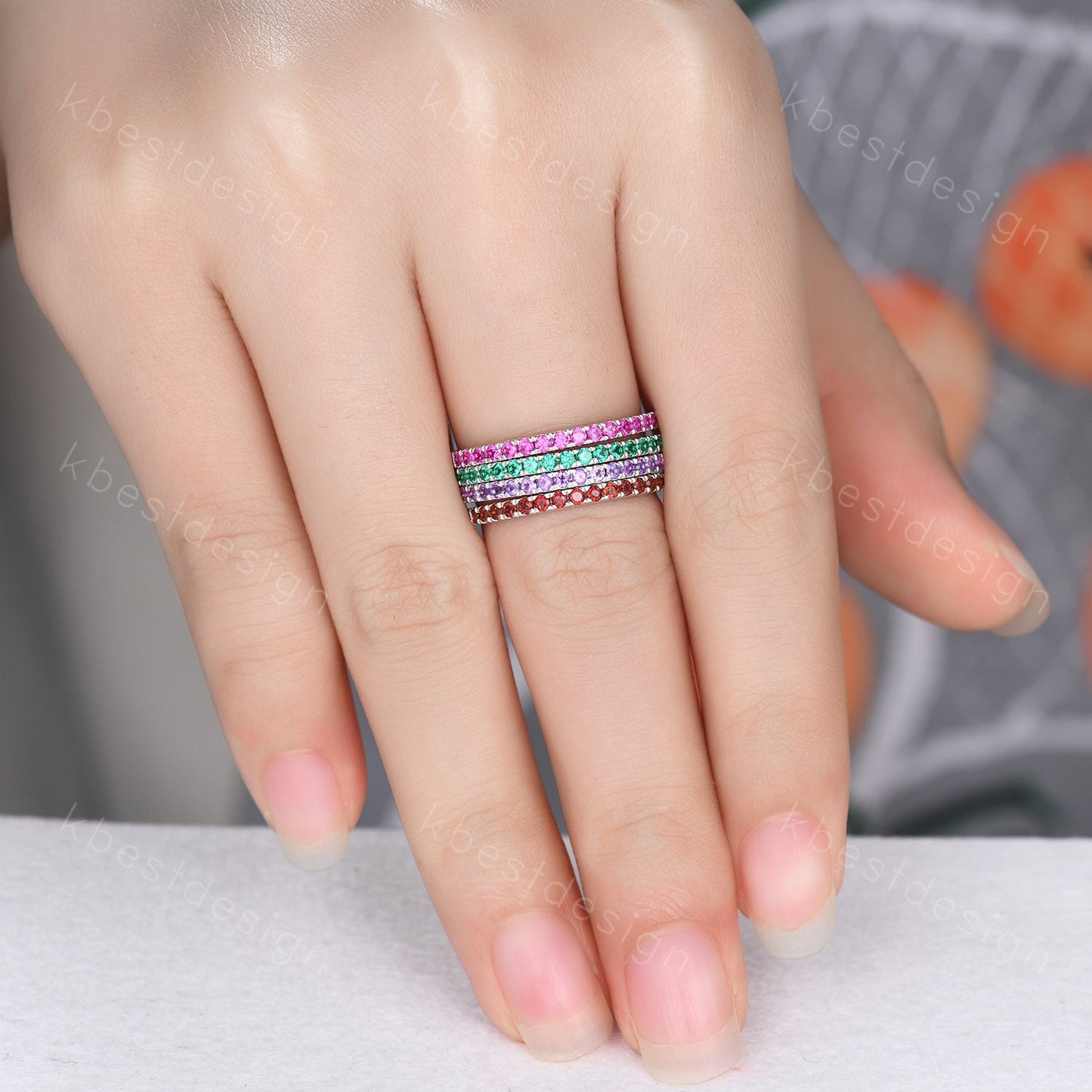 Half Eternity Wedding Band, Emerald Band, Ruby Ring, Gemstone Band, Birthstone Ring, Pave Stacking Band, Gift for her, Sterling Silver Ring