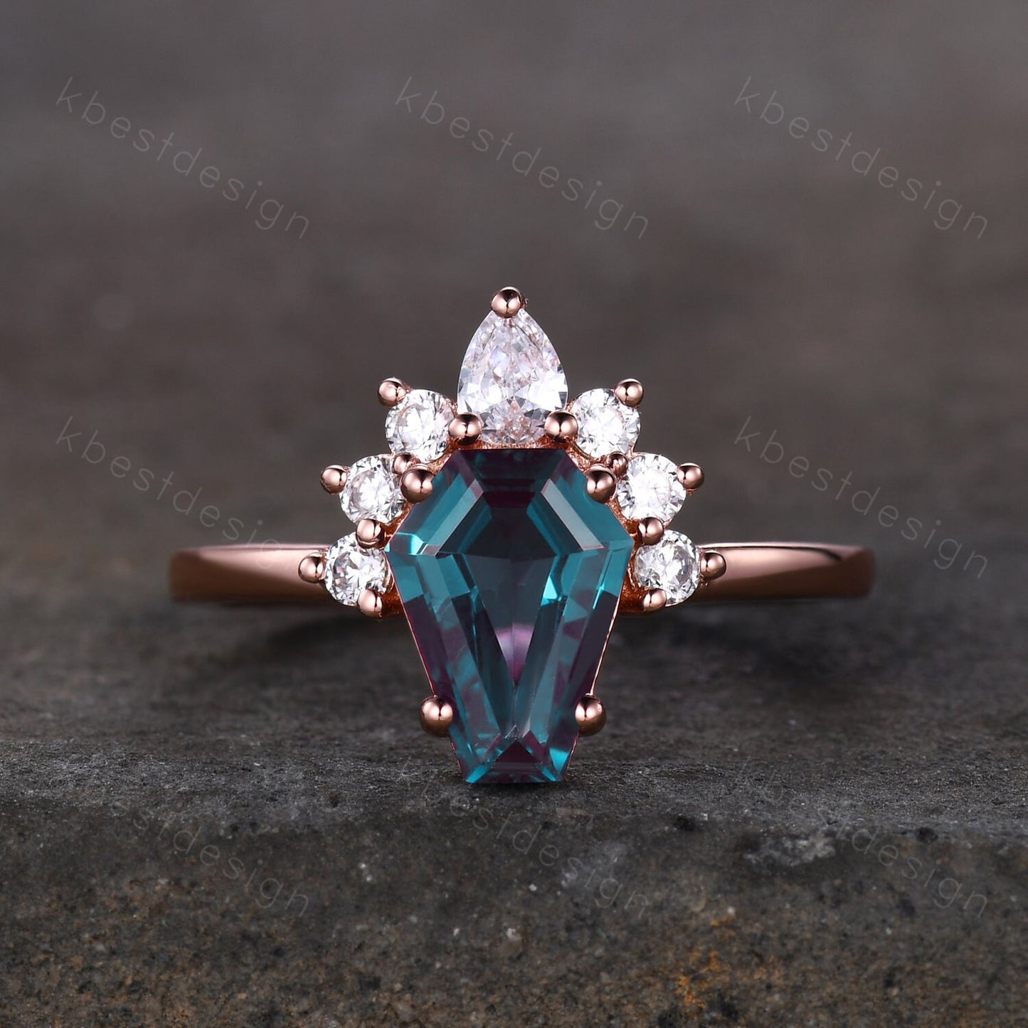 Coffin Alexandrite Engagement Ring Vintage 14K Rose Gold Ring Art Deco Unique Moissanite Bridal Anniversary Promise Ring June Birthstone