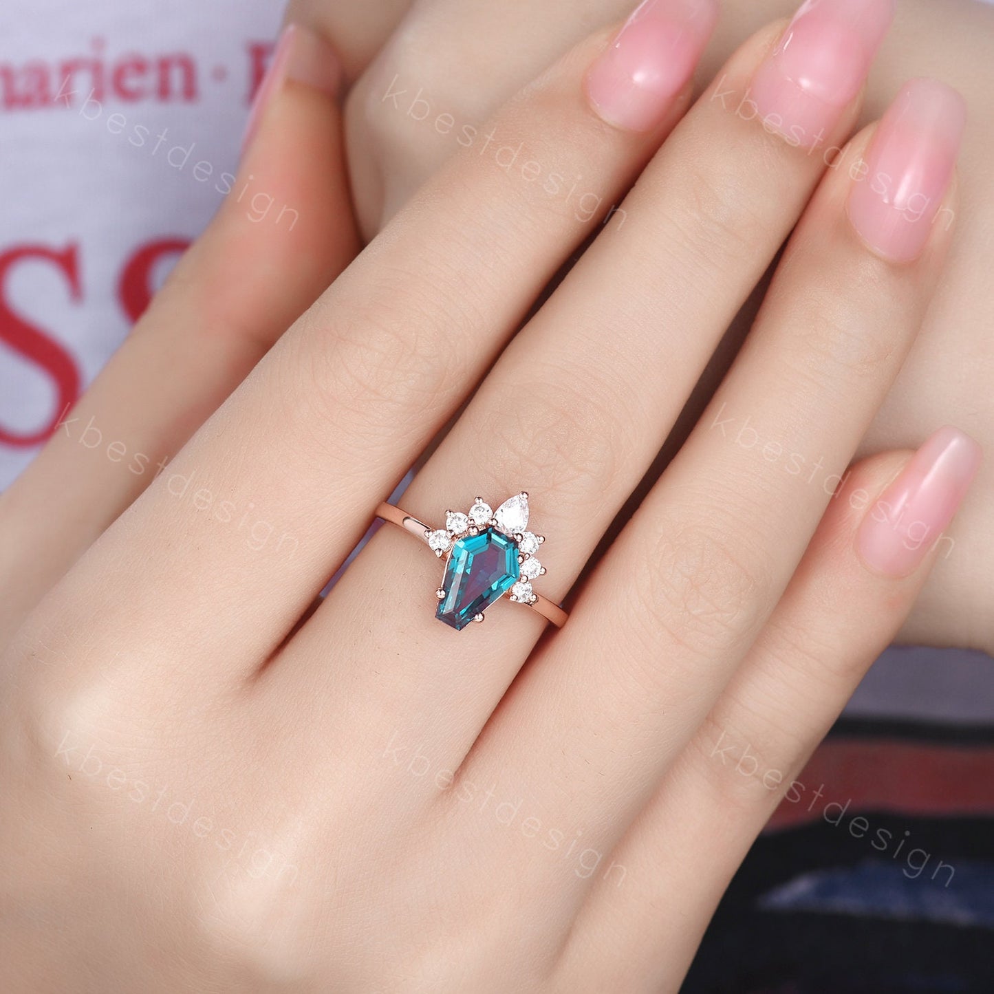 Coffin Alexandrite Engagement Ring Vintage 14K Rose Gold Ring Art Deco Unique Moissanite Bridal Anniversary Promise Ring June Birthstone