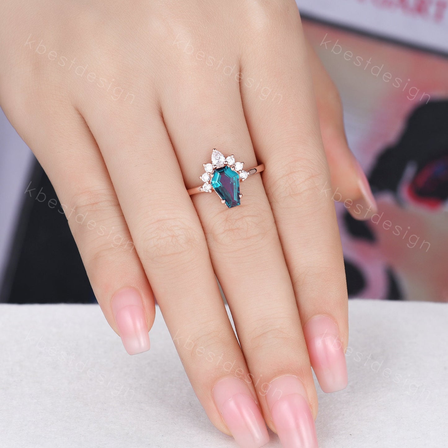 Coffin Alexandrite Engagement Ring Vintage 14K Rose Gold Ring Art Deco Unique Moissanite Bridal Anniversary Promise Ring June Birthstone