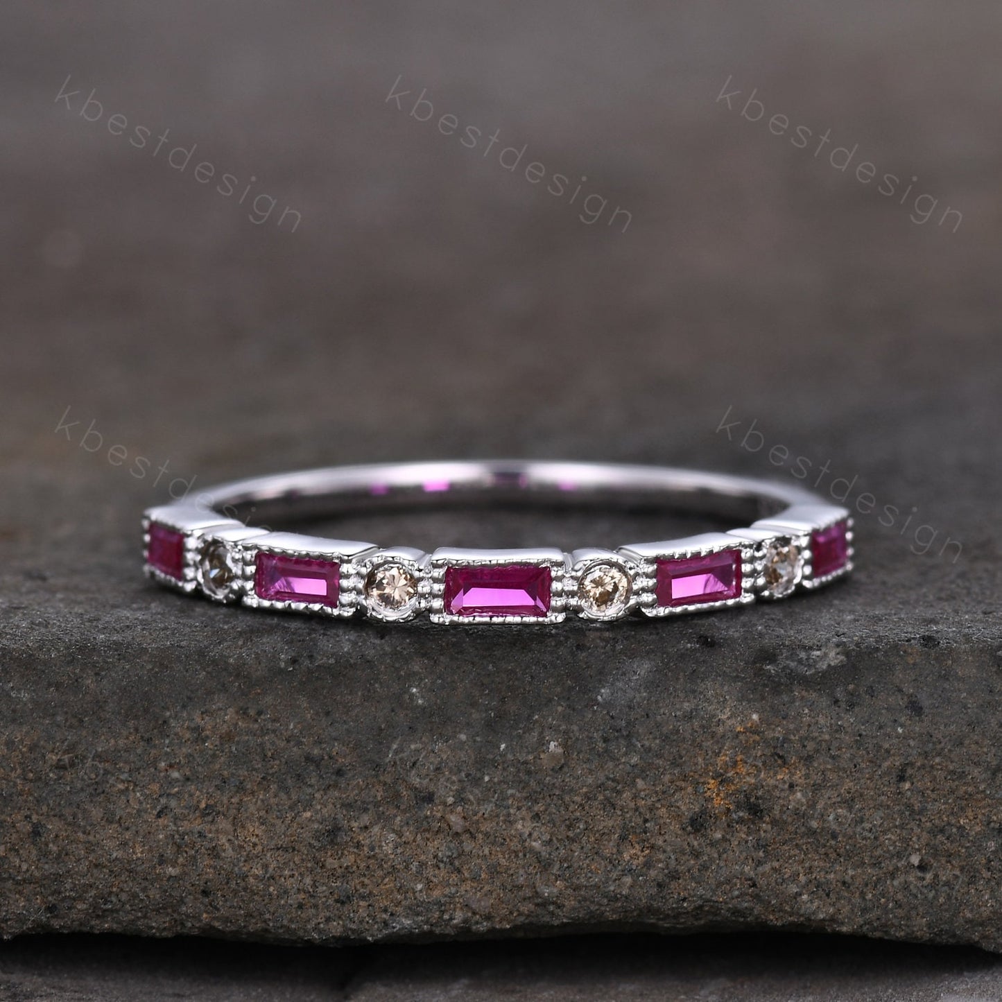 Vintage Ruby Wedding Band Women White Gold Wedding Band Salt and Pepper Diamond Ring Art Deco Stacking Band Anniversary Gift for Her