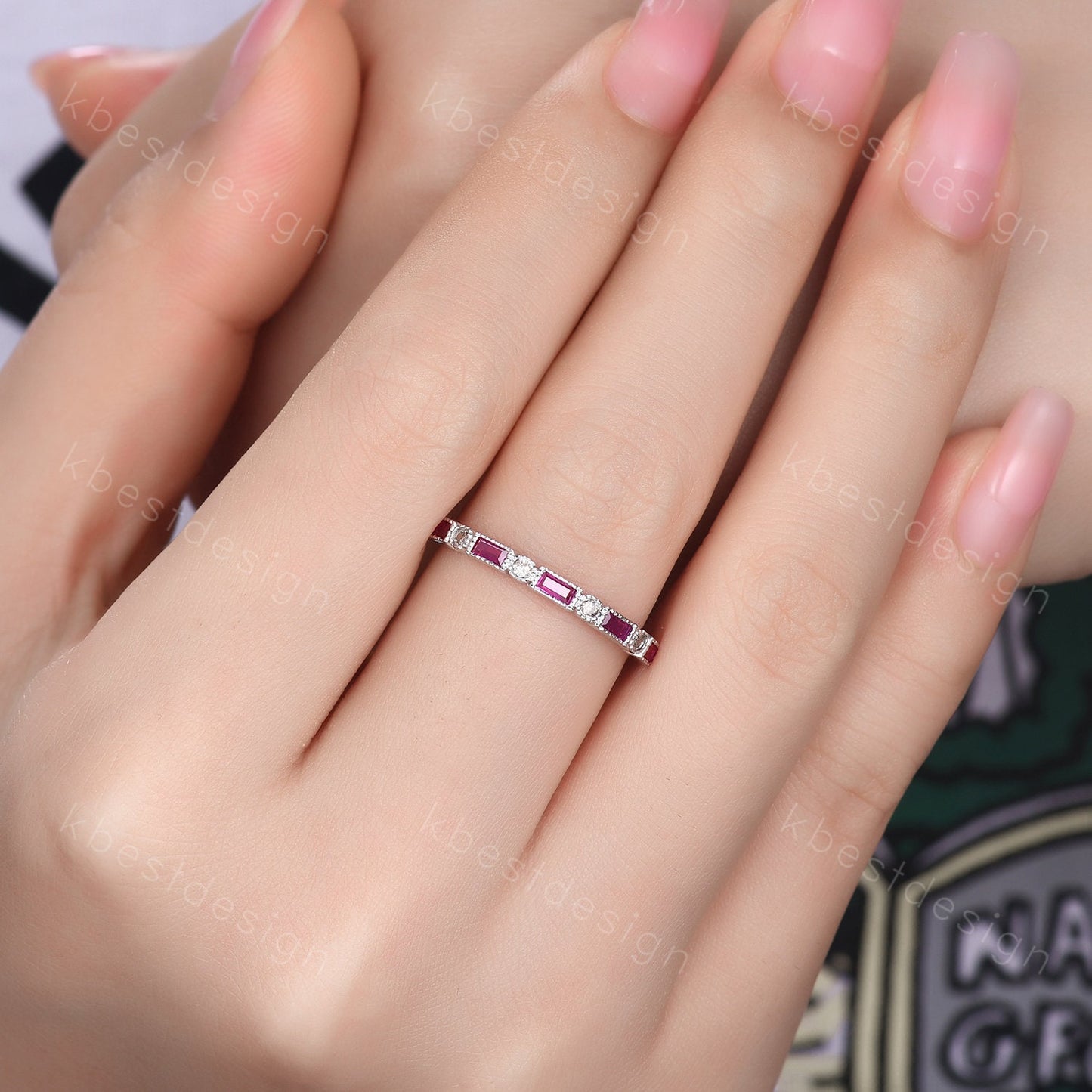 Vintage Ruby Wedding Band Women White Gold Wedding Band Salt and Pepper Diamond Ring Art Deco Stacking Band Anniversary Gift for Her