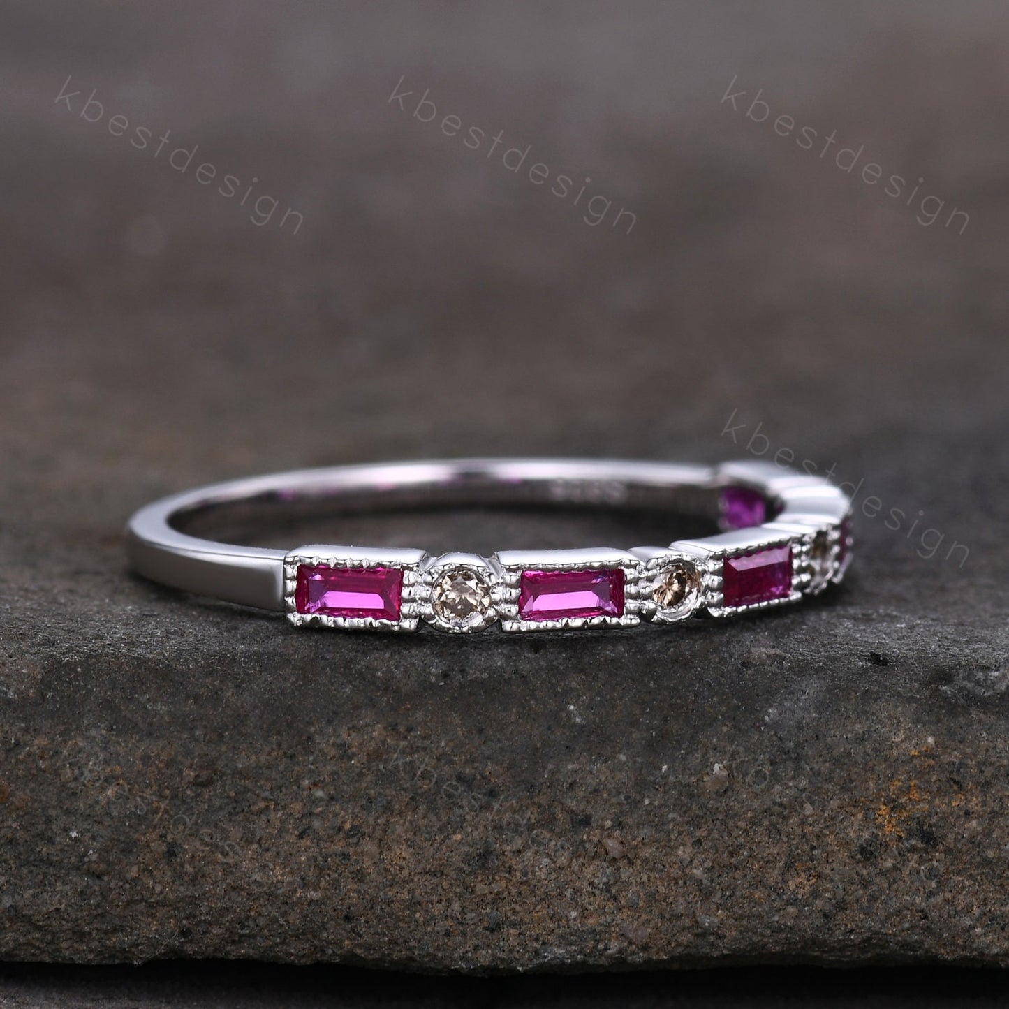 Vintage Ruby Wedding Band Women White Gold Wedding Band Salt and Pepper Diamond Ring Art Deco Stacking Band Anniversary Gift for Her