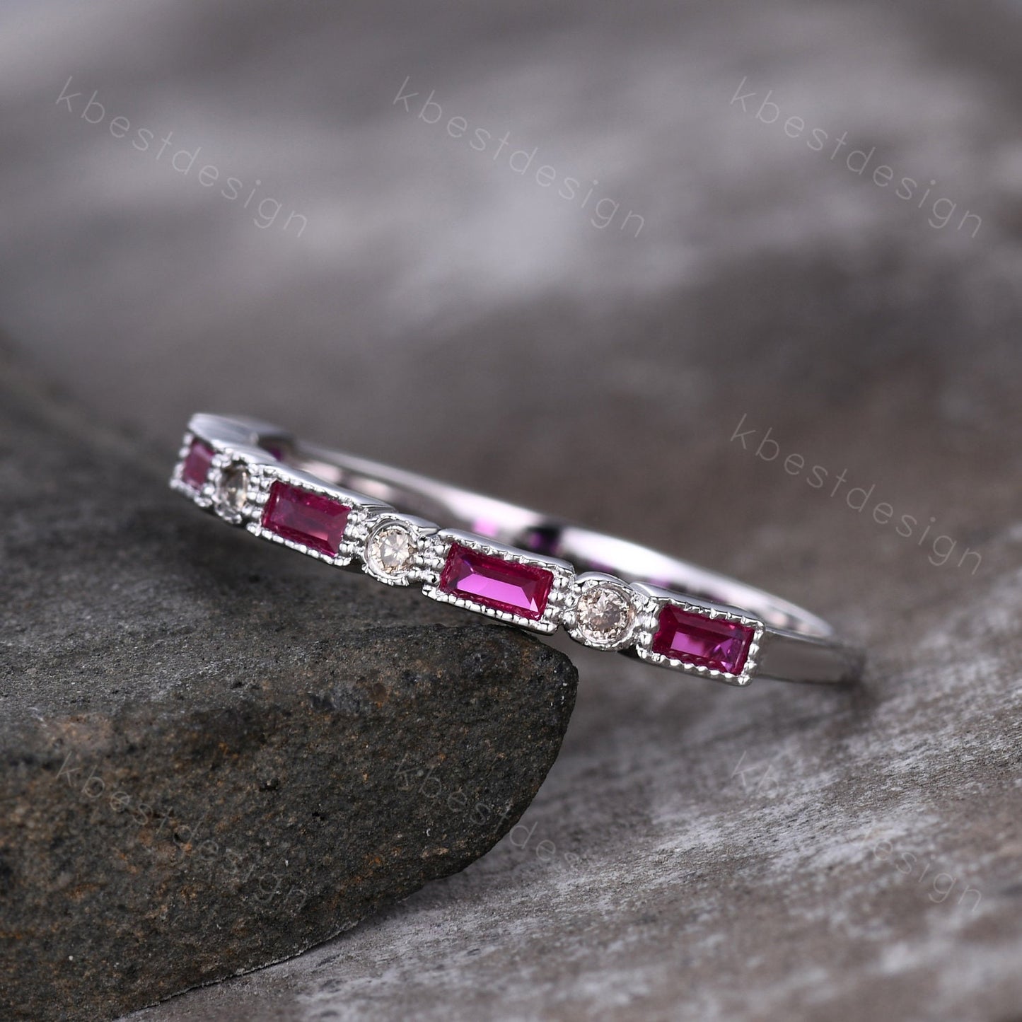 Vintage Ruby Wedding Band Women White Gold Wedding Band Salt and Pepper Diamond Ring Art Deco Stacking Band Anniversary Gift for Her