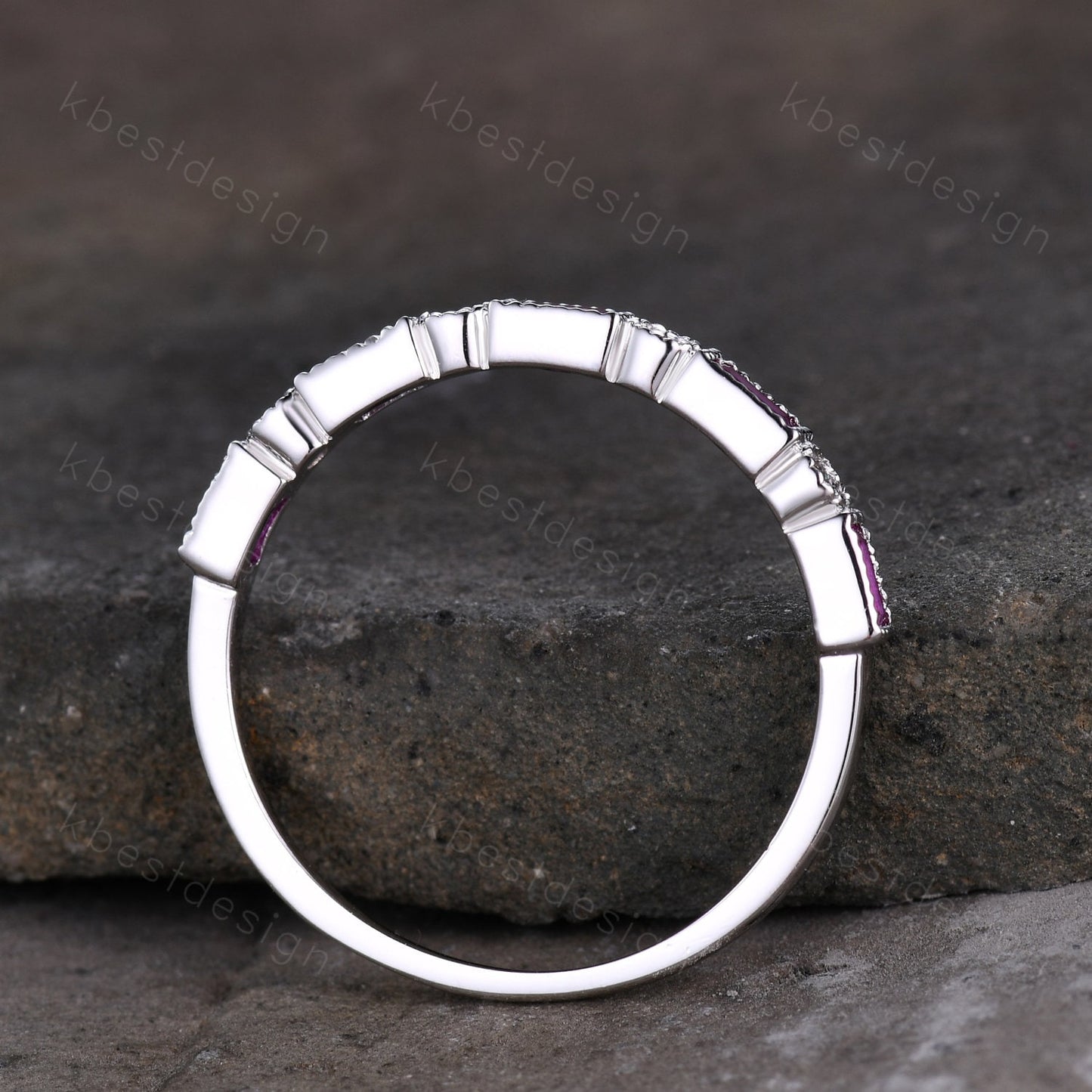 Vintage Ruby Wedding Band Women White Gold Wedding Band Salt and Pepper Diamond Ring Art Deco Stacking Band Anniversary Gift for Her