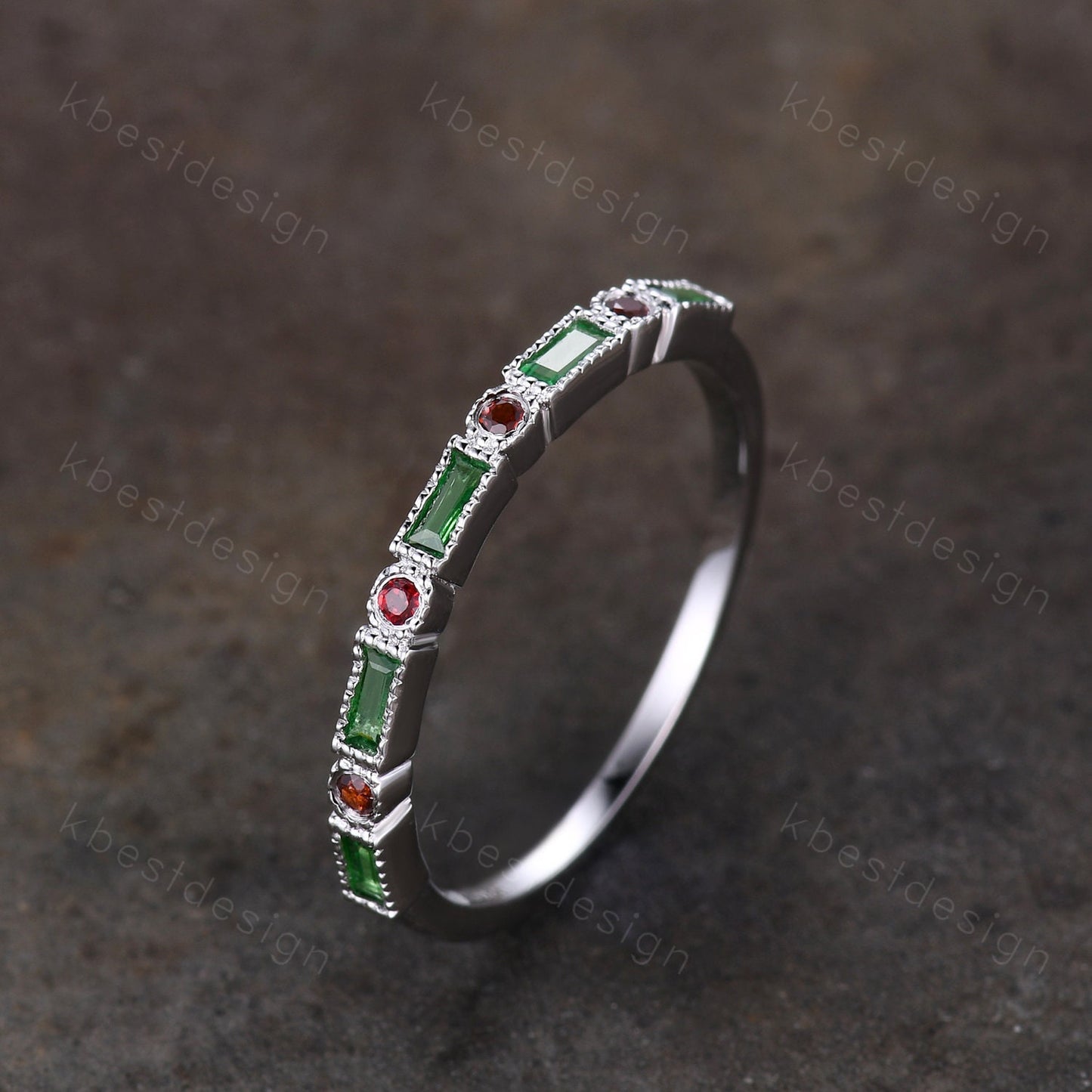 Emerald Wedding Band Half Eternity Band Emerald Garnet Band Art Deco Stacking Wedding Ring Anniversary Ring White Gold Ring Milgrain