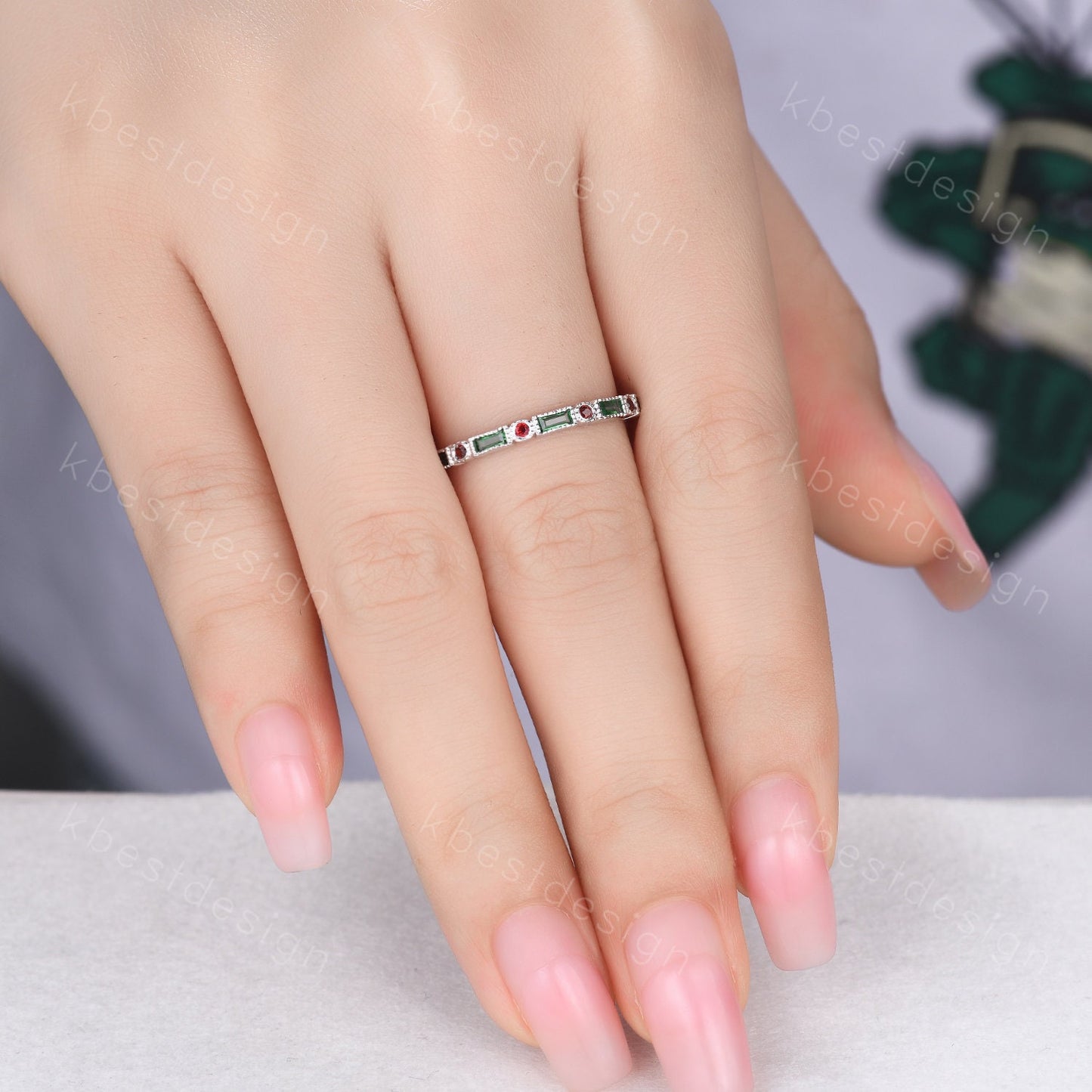 Emerald Wedding Band Half Eternity Band Emerald Garnet Band Art Deco Stacking Wedding Ring Anniversary Ring White Gold Ring Milgrain