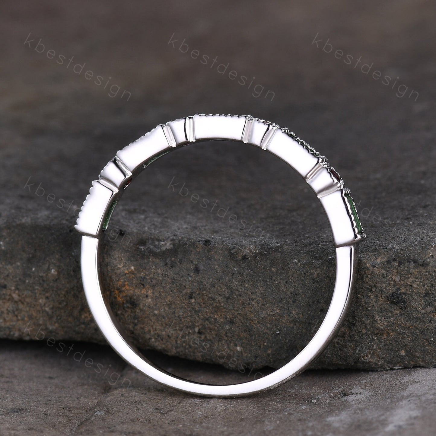 Emerald Wedding Band Half Eternity Band Emerald Garnet Band Art Deco Stacking Wedding Ring Anniversary Ring White Gold Ring Milgrain