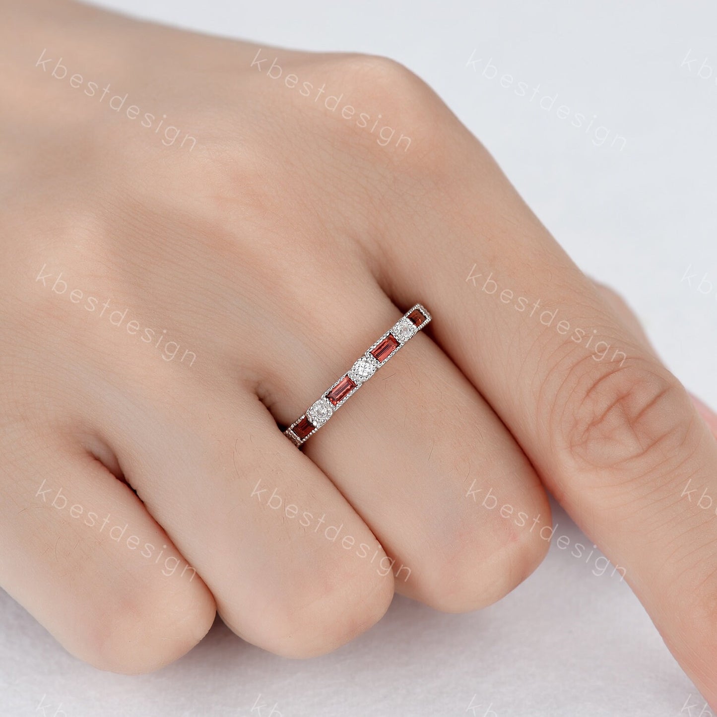 Garnet Ring, Art Deco Eternity Band, Baguette Garnet Wedding Band, January Birthstone Ring, Gemstone Band, Anniversary Gift, White Gold Ring