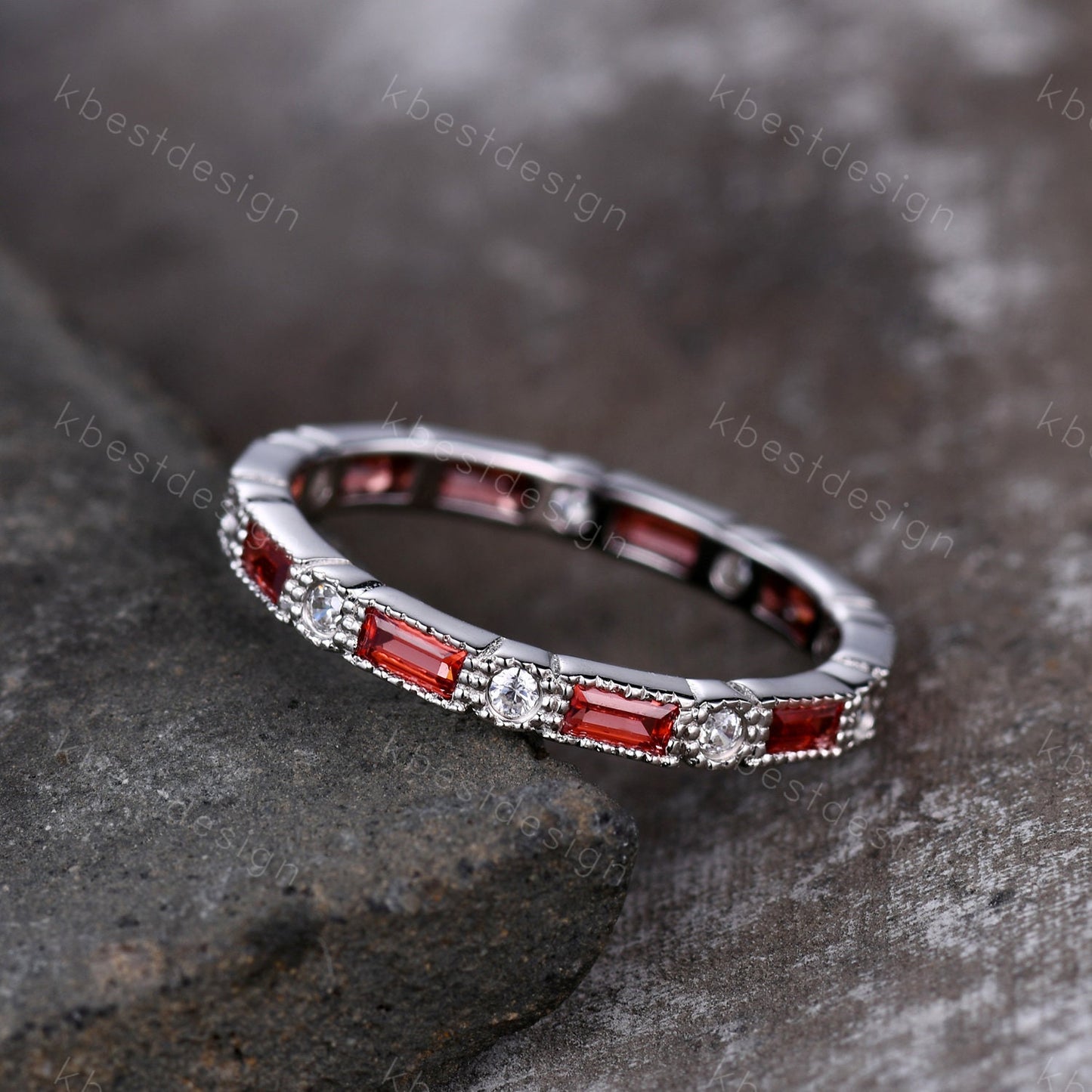 Garnet Ring, Art Deco Eternity Band, Baguette Garnet Wedding Band, January Birthstone Ring, Gemstone Band, Anniversary Gift, White Gold Ring