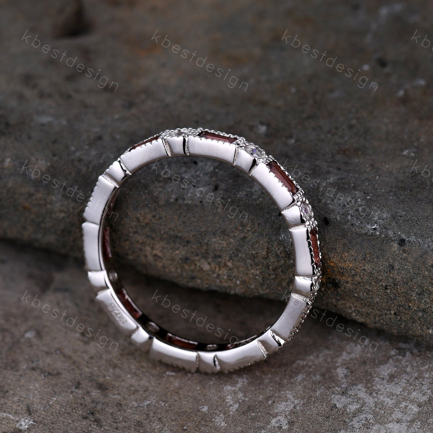 Garnet Ring, Art Deco Eternity Band, Baguette Garnet Wedding Band, January Birthstone Ring, Gemstone Band, Anniversary Gift, White Gold Ring