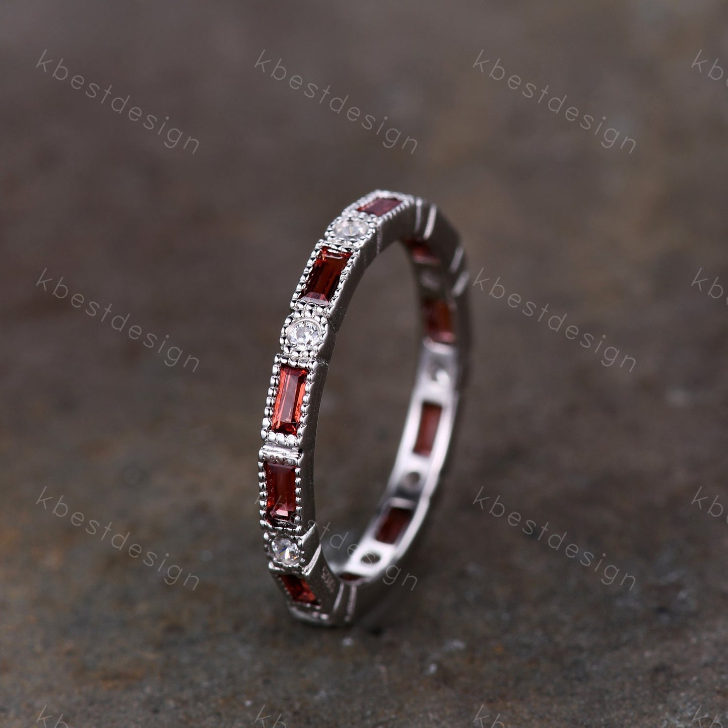 Garnet Ring, Art Deco Eternity Band, Baguette Garnet Wedding Band, January Birthstone Ring, Gemstone Band, Anniversary Gift, White Gold Ring