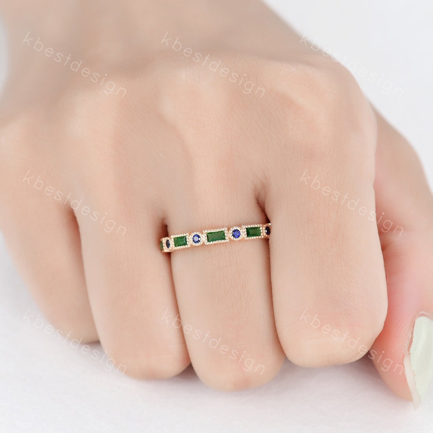 Art Deco Emerald wedding band 14K Gold emerald sapphire wedding band vintage Milgrain band matching Stacking band Anniversary band