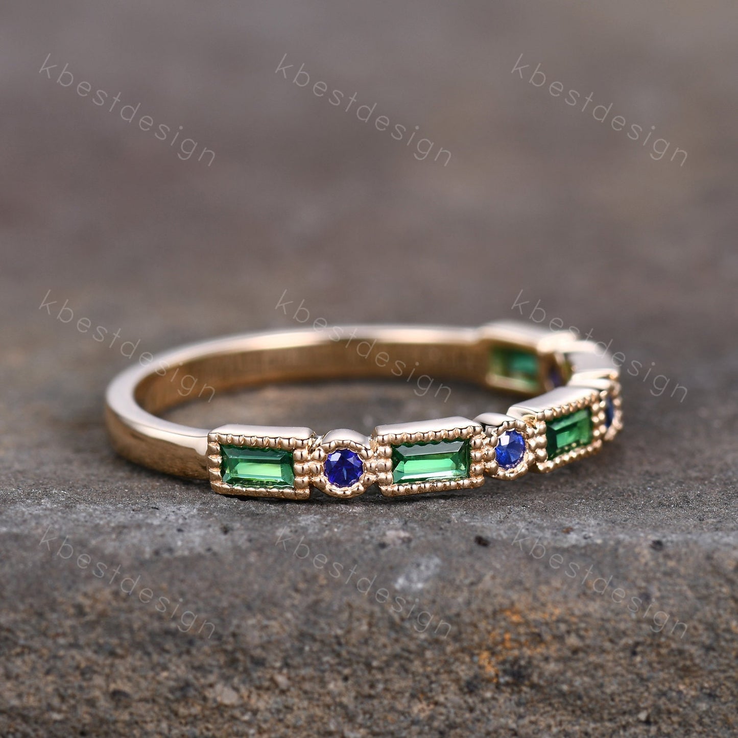 Art Deco Emerald wedding band 14K Gold emerald sapphire wedding band vintage Milgrain band matching Stacking band Anniversary band