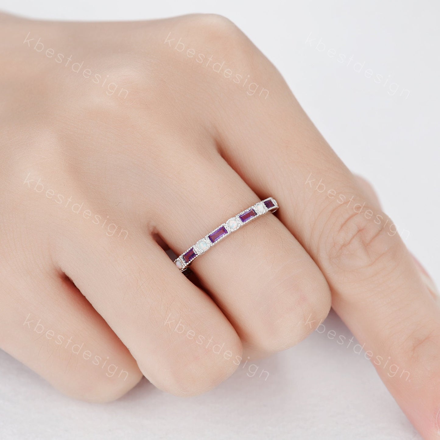 Amethyst Wedding Band Art Deco Eternity Band Opal Wedding Band White Gold Ring for Women Stacking Matching Band Anniversary Ring