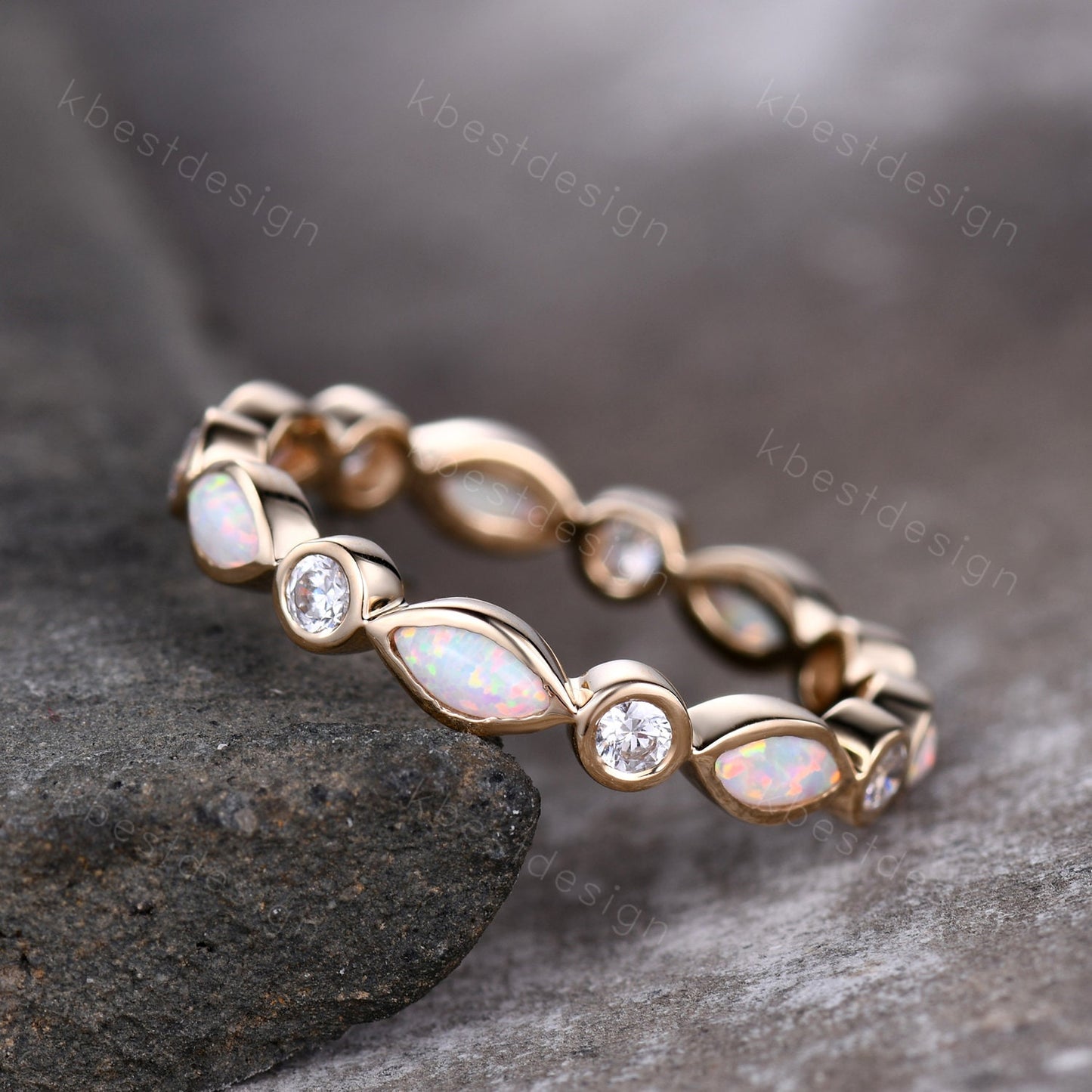 Marquise Opal Ring Full Eternity Opal Wedding Band Moissanite Wedding Ring Art deco Stacking Matching Band Anniversary Band Solid Gold Ring