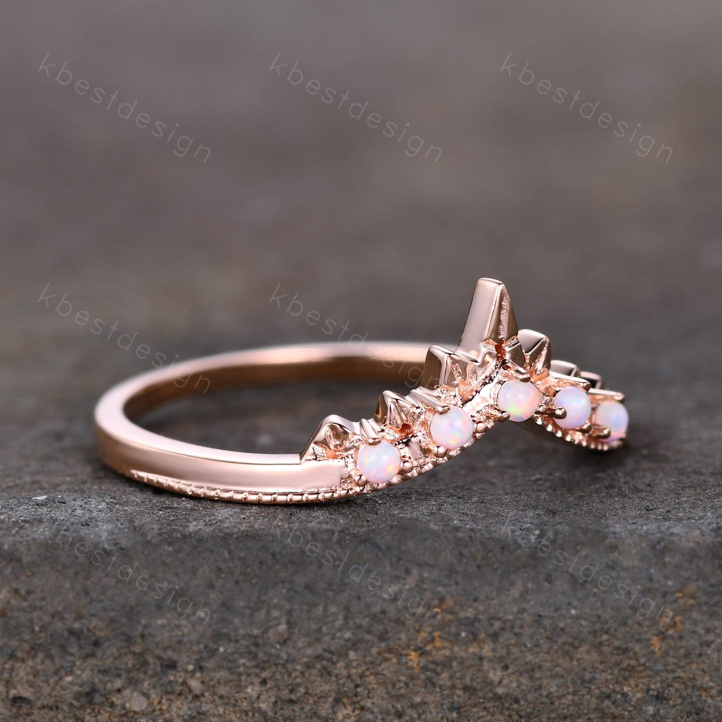 Opal Ring Art Deco Curved Wedding Band Rose Gold Stacking Matching Band Vintage Unique Opal Ring for Women Anniversary Ring October Gift