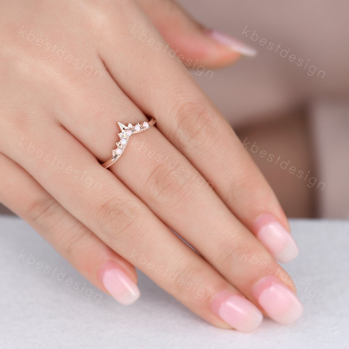 Opal Ring Art Deco Curved Wedding Band Rose Gold Stacking Matching Band Vintage Unique Opal Ring for Women Anniversary Ring October Gift