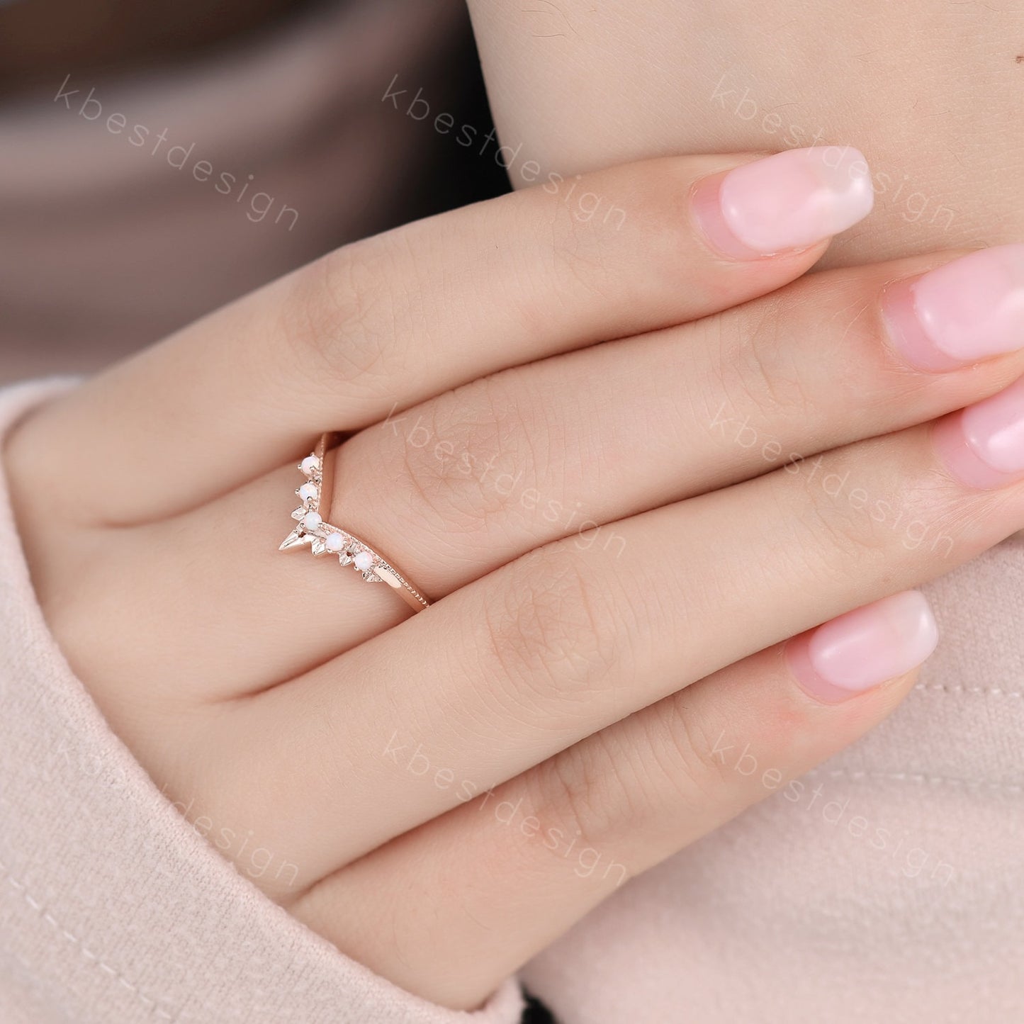 Opal Ring Art Deco Curved Wedding Band Rose Gold Stacking Matching Band Vintage Unique Opal Ring for Women Anniversary Ring October Gift