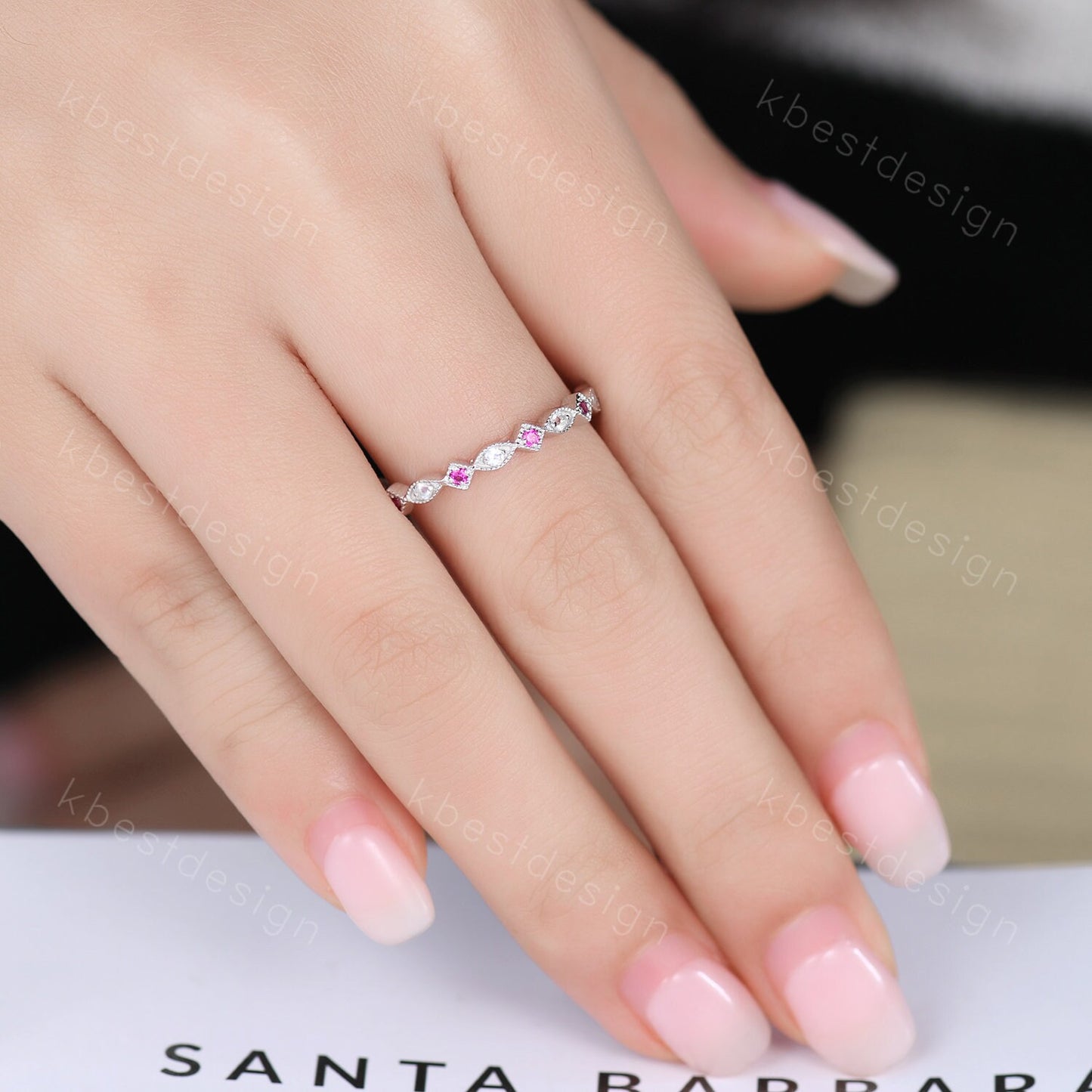 Art Deco Moonstone Ruby Wedding band Full eternity ring Vintage white gold band Unique Matching Stacking ring Anniversary ring Milgrain