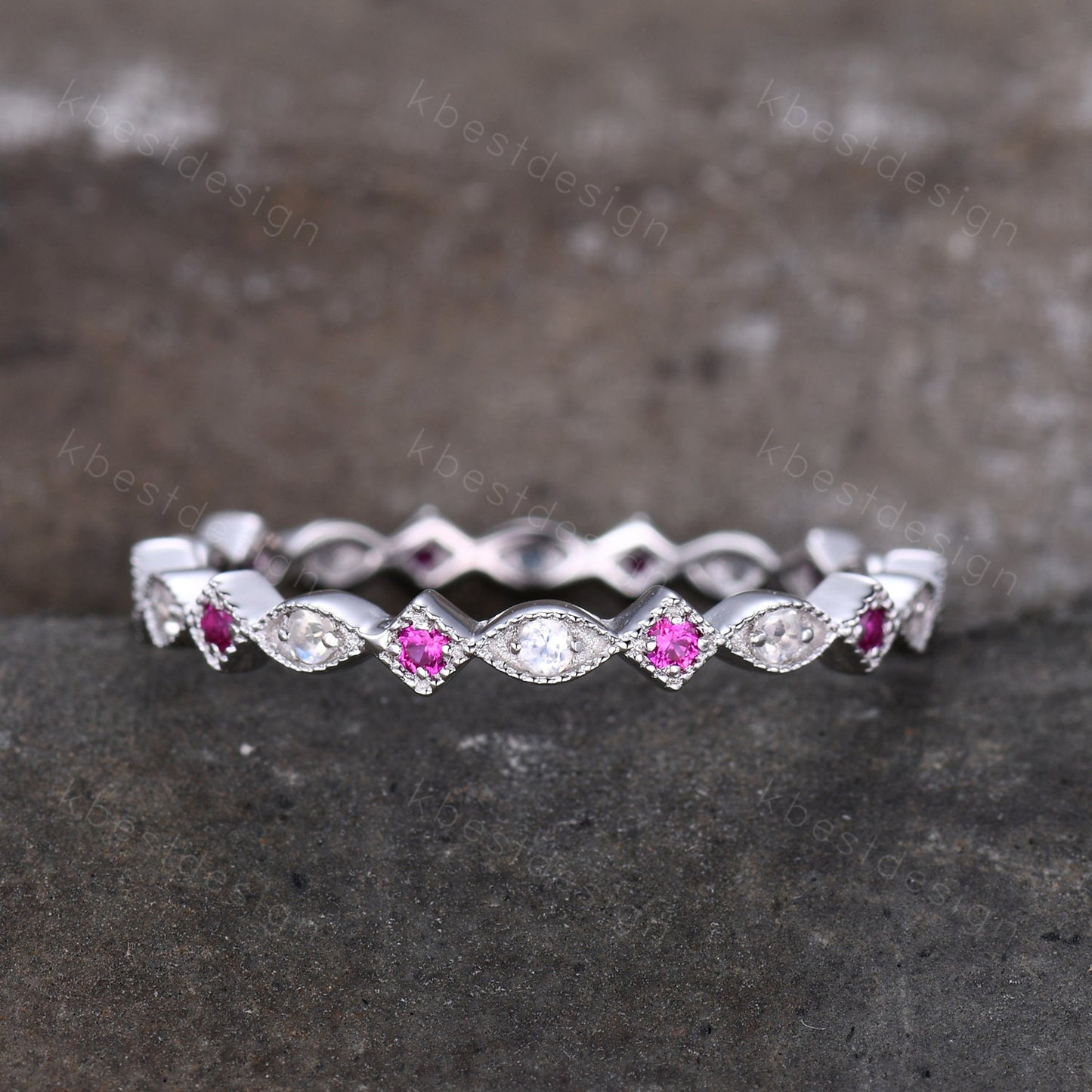 Art Deco Moonstone Ruby Wedding band Full eternity ring Vintage white gold band Unique Matching Stacking ring Anniversary ring Milgrain