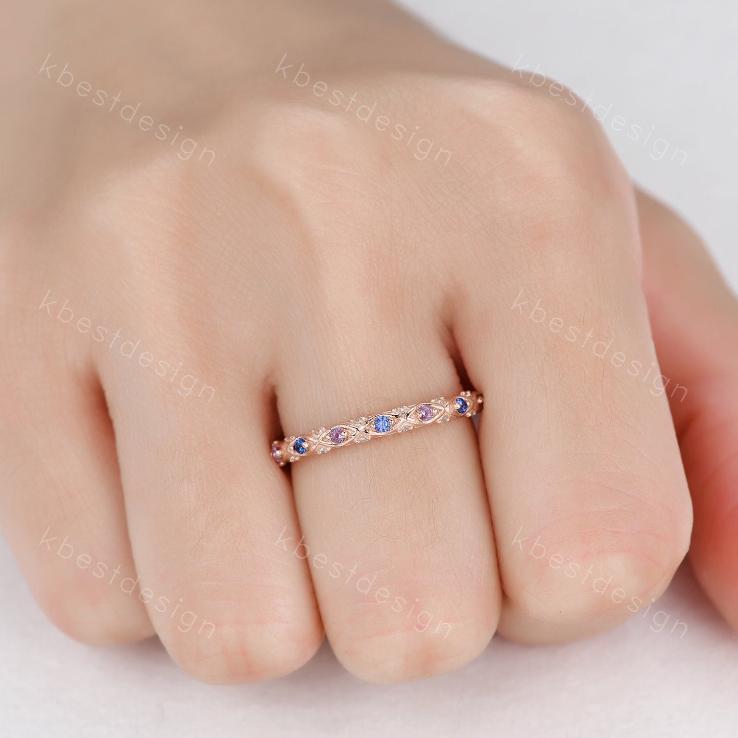 Antique Sapphire Wedding Band Women Rose Gold Band Amethyst Band Vintage Wedding Ring September Birthstone Stacking Ring Anniversary Gift
