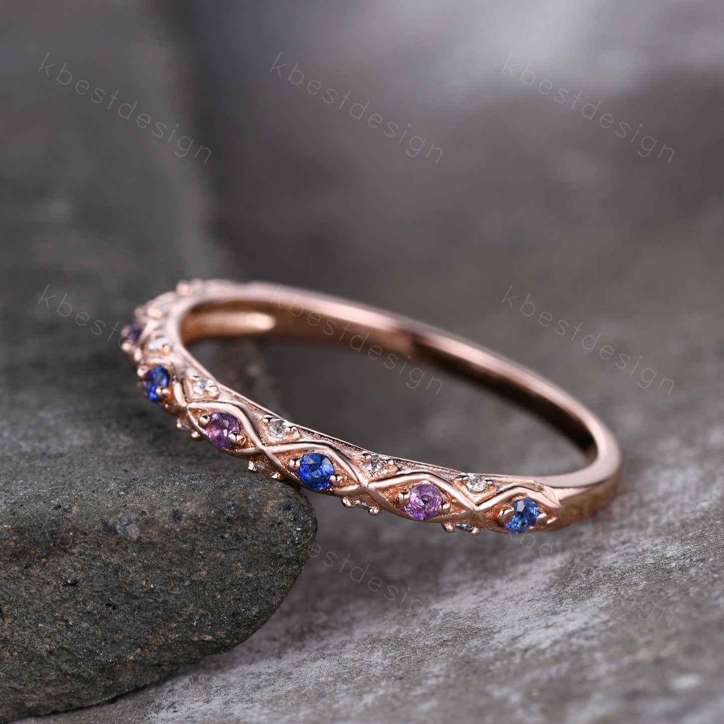 Antique Sapphire Wedding Band Women Rose Gold Band Amethyst Band Vintage Wedding Ring September Birthstone Stacking Ring Anniversary Gift