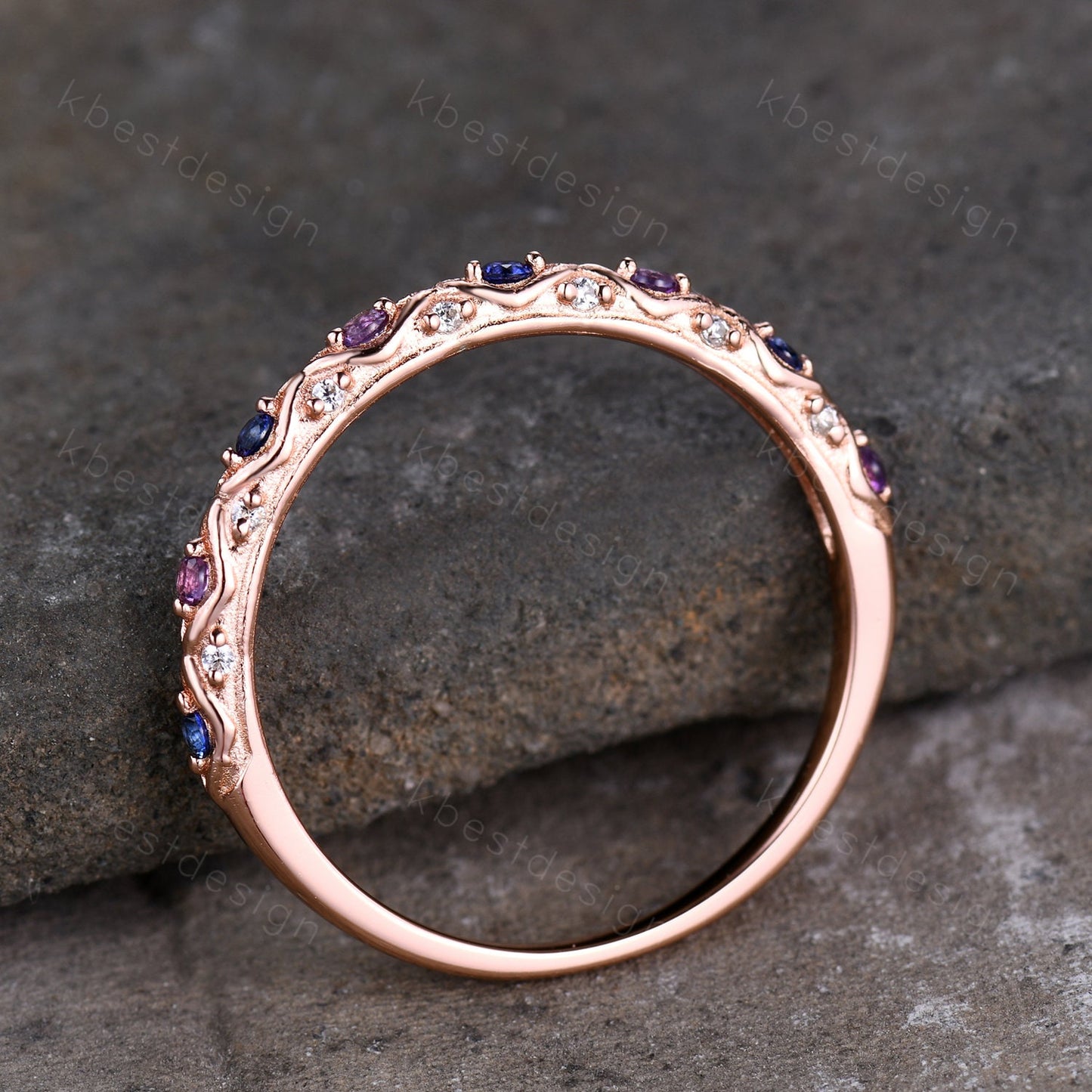 Antique Sapphire Wedding Band Women Rose Gold Band Amethyst Band Vintage Wedding Ring September Birthstone Stacking Ring Anniversary Gift