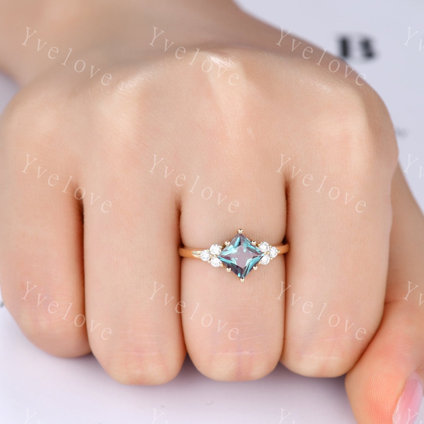 2PCS Vintage Unique Princess Cut Alexandrite Engagement Ring Set,Black Spinel Ring,June birthtone,14k solid gold,Women Unique Ring Set Gift