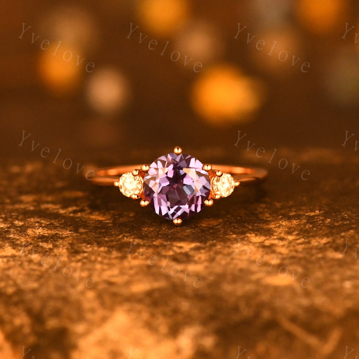 Alexandrite Engagement Ring Set Curved Crown Diamond/Moissanite Matching Band Color change alexandrite Ring Set Rose Gold Bridal Wedding Set