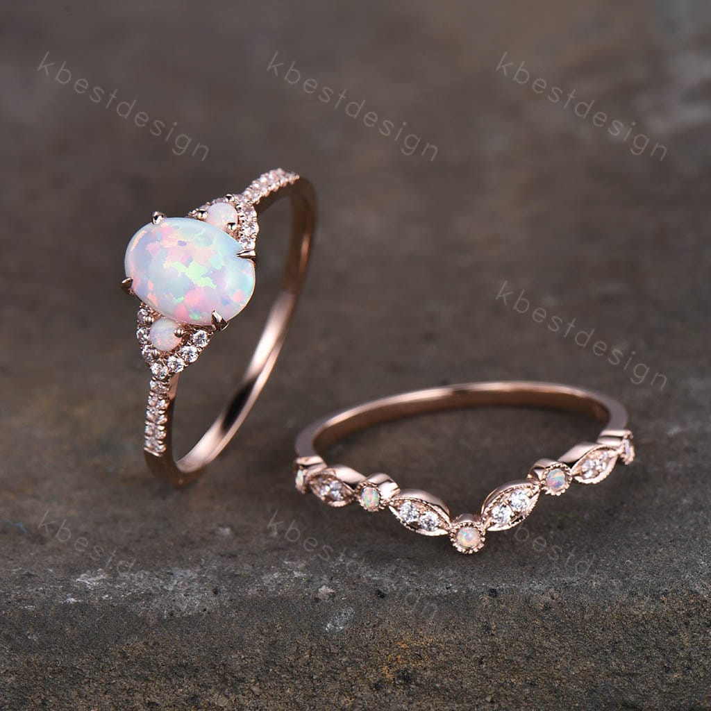 Vintage oval opal engagement ring 14k rose gold rings for women art deco curved moissanite stacking band unique bridal promise ring set