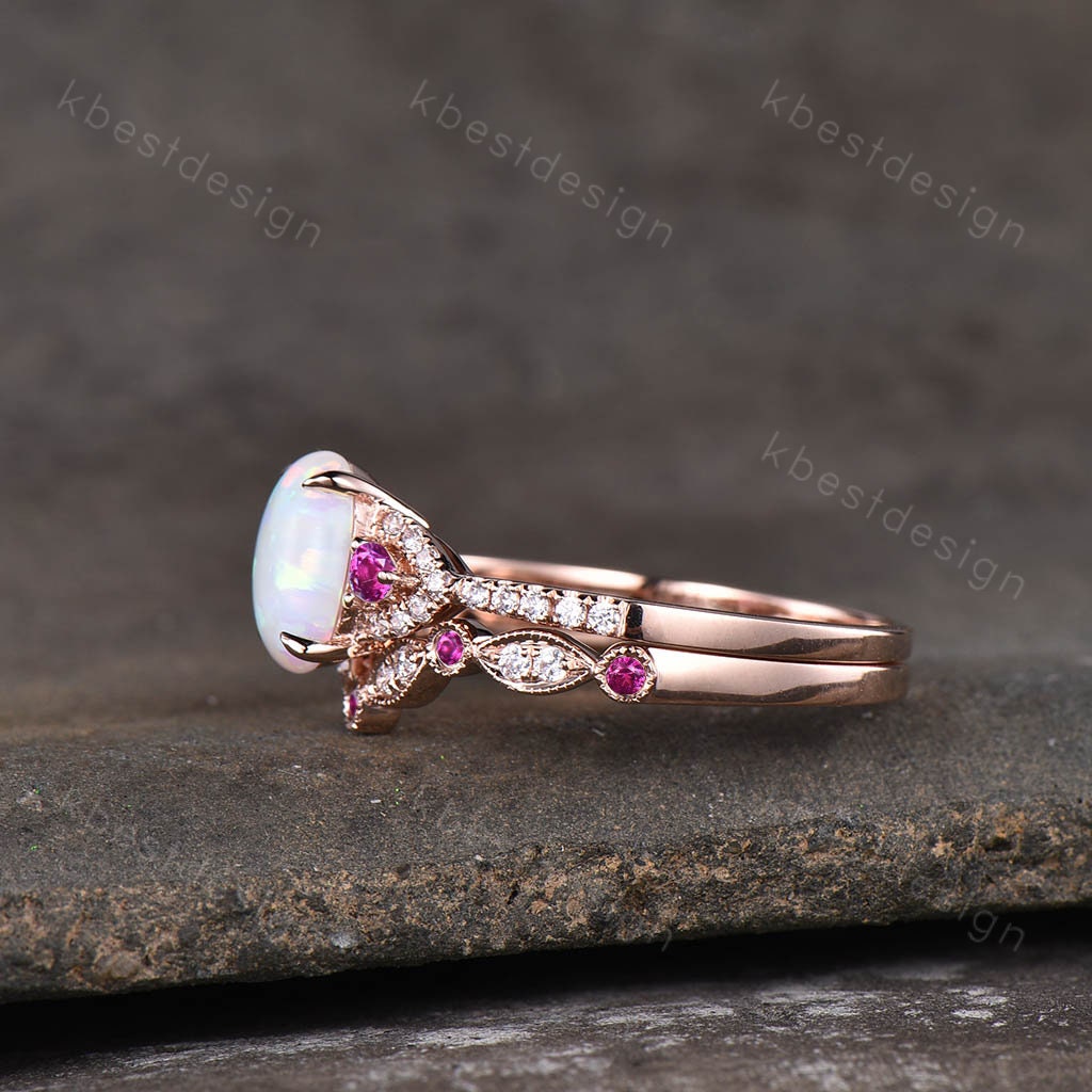 Vintage Opal Ruby Engagement Ring Set 14K Rose Gold Oval cut Ring Art Deco Moissanite Wedding Band Curved Stacking Matching Band Handmade