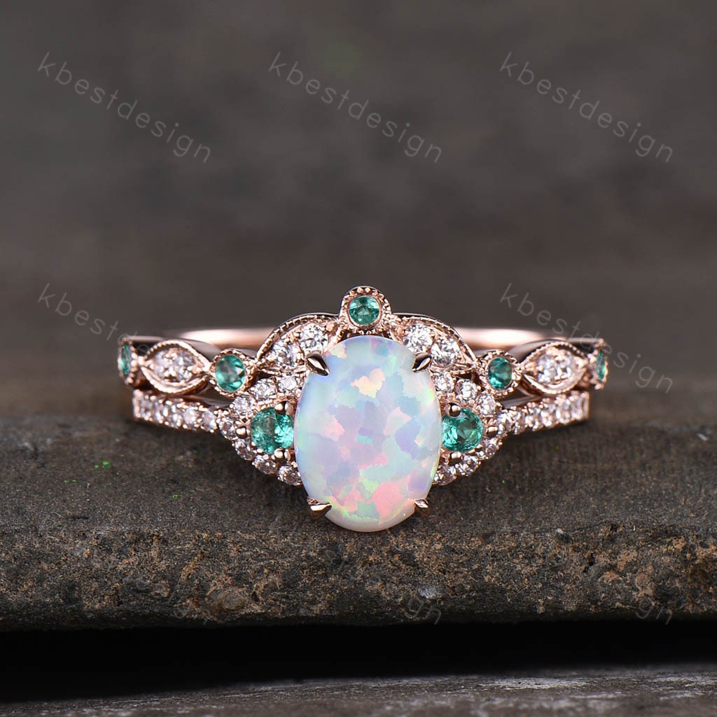 Oval White Opal Engagement Ring Set Oval Cut Ring Vintage Opal Emerald Wedding Ring Set Unique Curved Stacking Band October Birthstone Ring