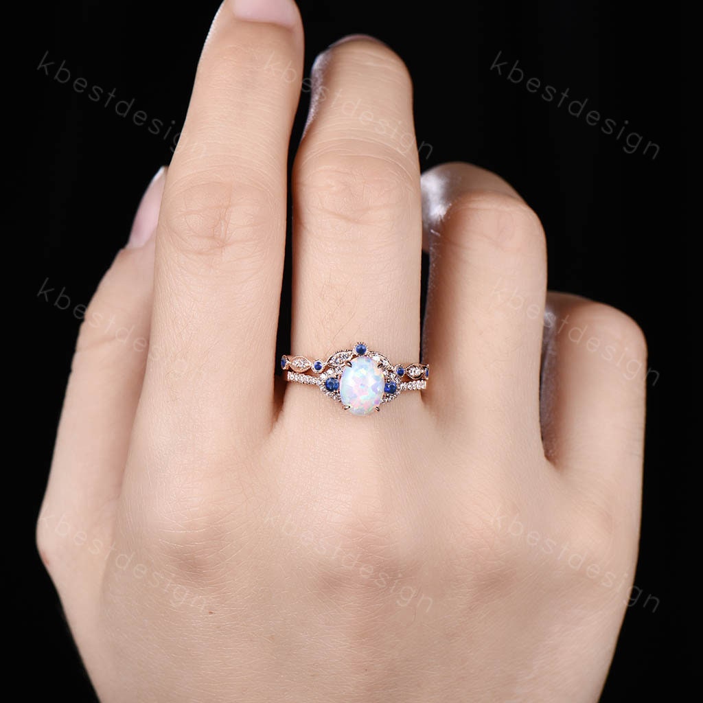 Oval Opal Engagement Ring set Rose gold Engagement Ring Vintage Unique Moissanite Ring Curved Sapphire Stacking Band Promise Ring Gift