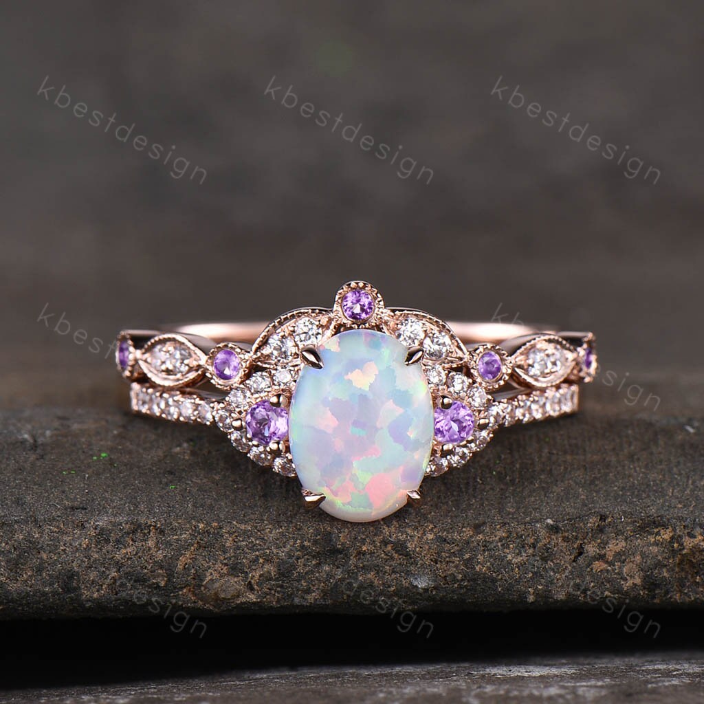 Oval Opal Engagement Ring set Rose gold Engagement Ring Vintage Unique Moissanite Ring Curved Sapphire Stacking Band Promise Ring Gift