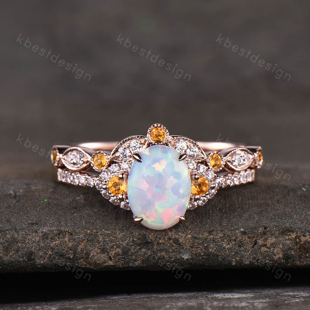 Opal engagement ring set vintage oval cut opal ring art deco Rose gold Citrine wedding ring Unique curved stacking band bridal Promise ring