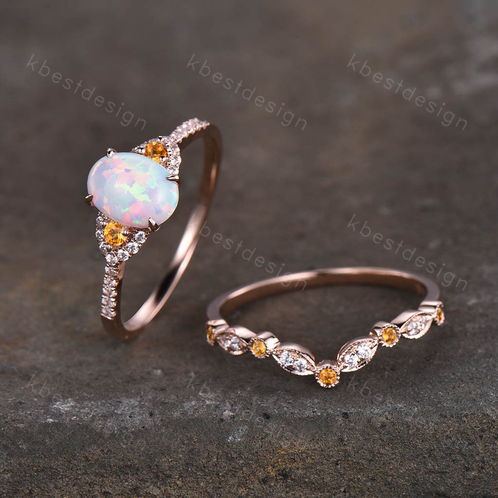Opal engagement ring set vintage oval cut opal ring art deco Rose gold Citrine wedding ring Unique curved stacking band bridal Promise ring