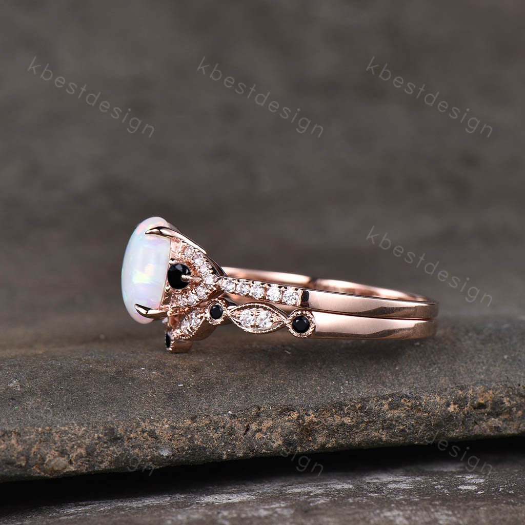 Oval Opal Bridal Set/ White Opal Engagement Ring Set/ 14K Solid Gold Engagement Ring Set/Black Diamond Wedding Ring Set/Anniversary Gift