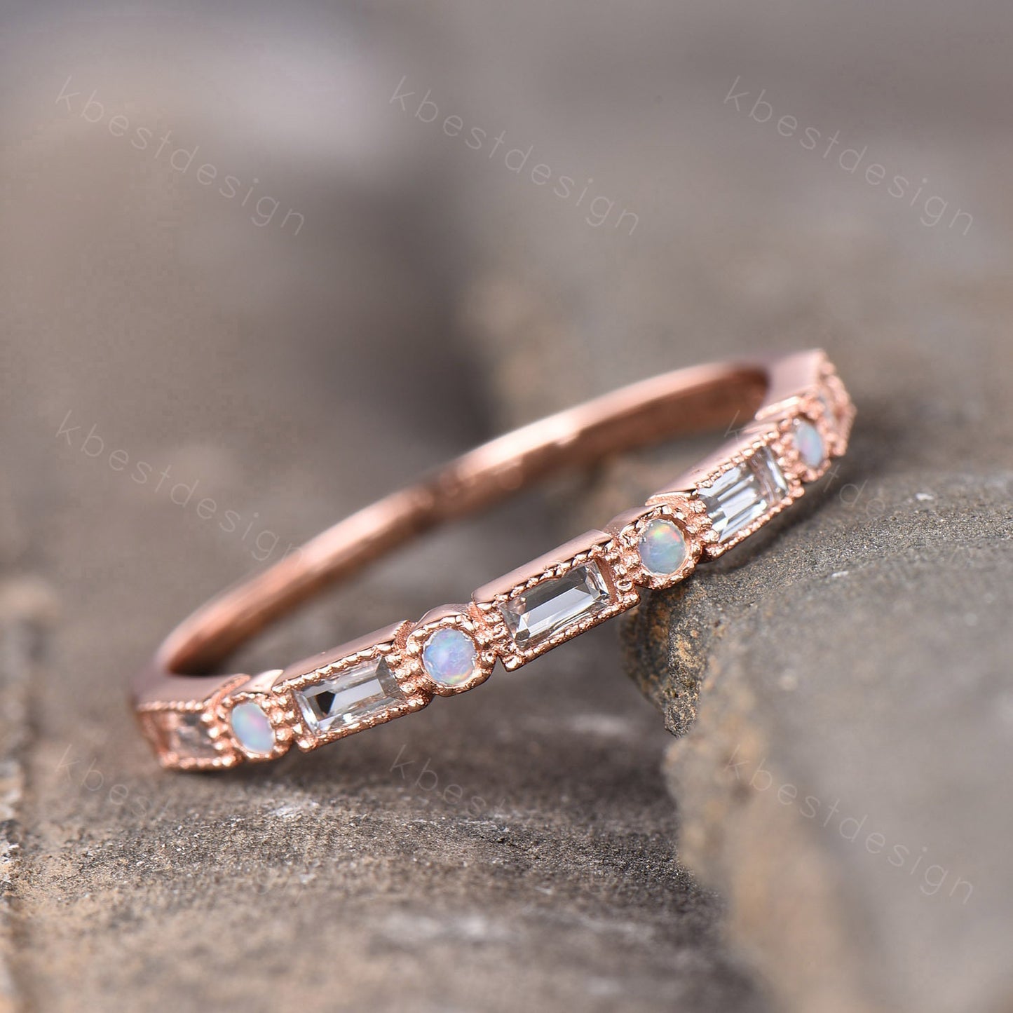 Aquamarine Ring, Women Rose Gold Wedding Band, Half Eternity Aquamarine Opal Band, Art Deco Stacking Matching Band, Anniversary Ring