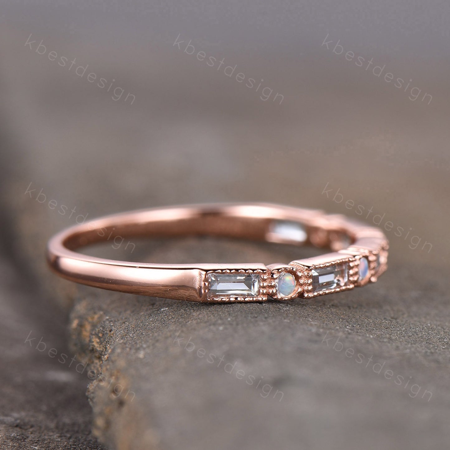 Aquamarine Ring, Women Rose Gold Wedding Band, Half Eternity Aquamarine Opal Band, Art Deco Stacking Matching Band, Anniversary Ring